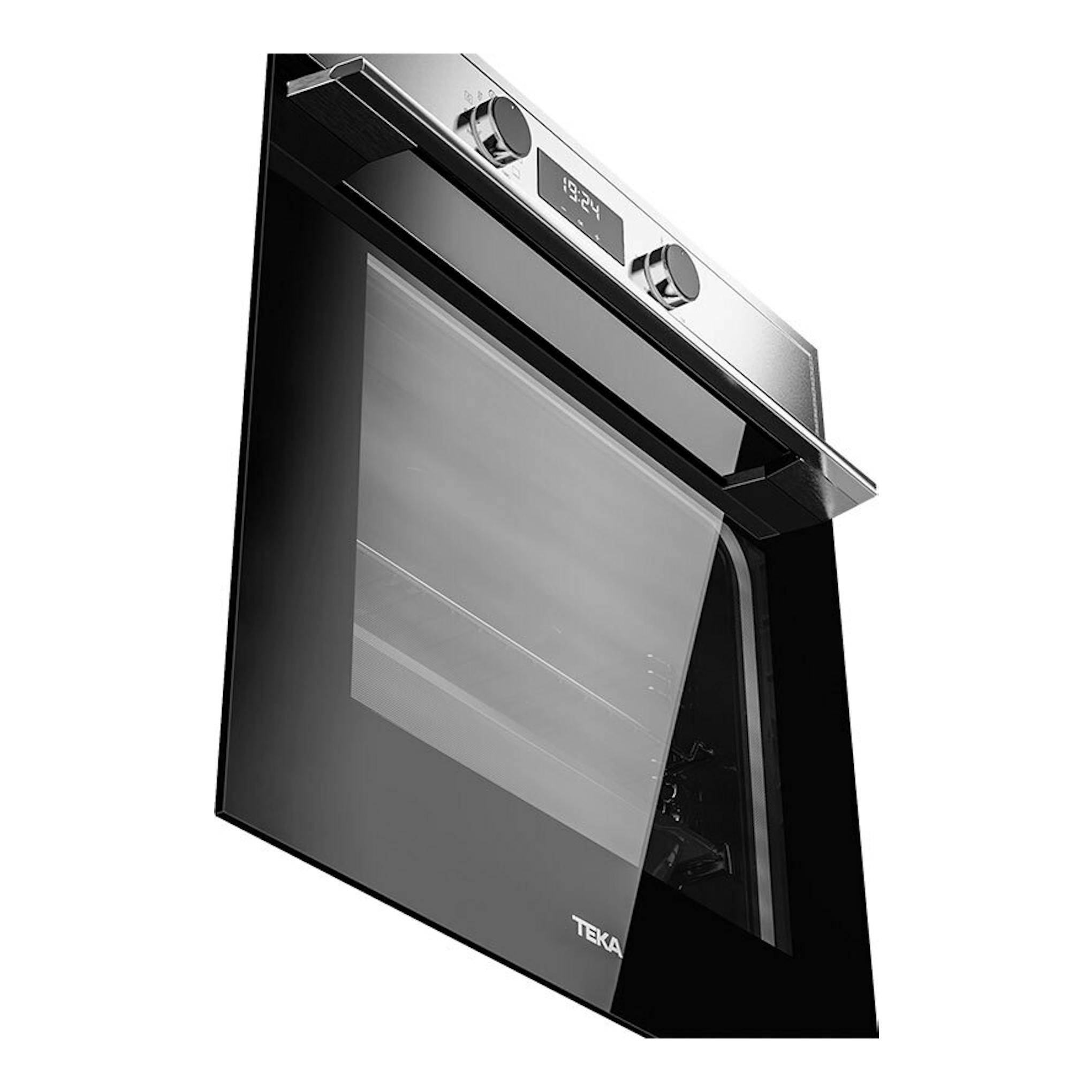 Horno integrable Teka HSB645S inox, vista en ángulo, puerta de vidrio negra y panel superior de acero.