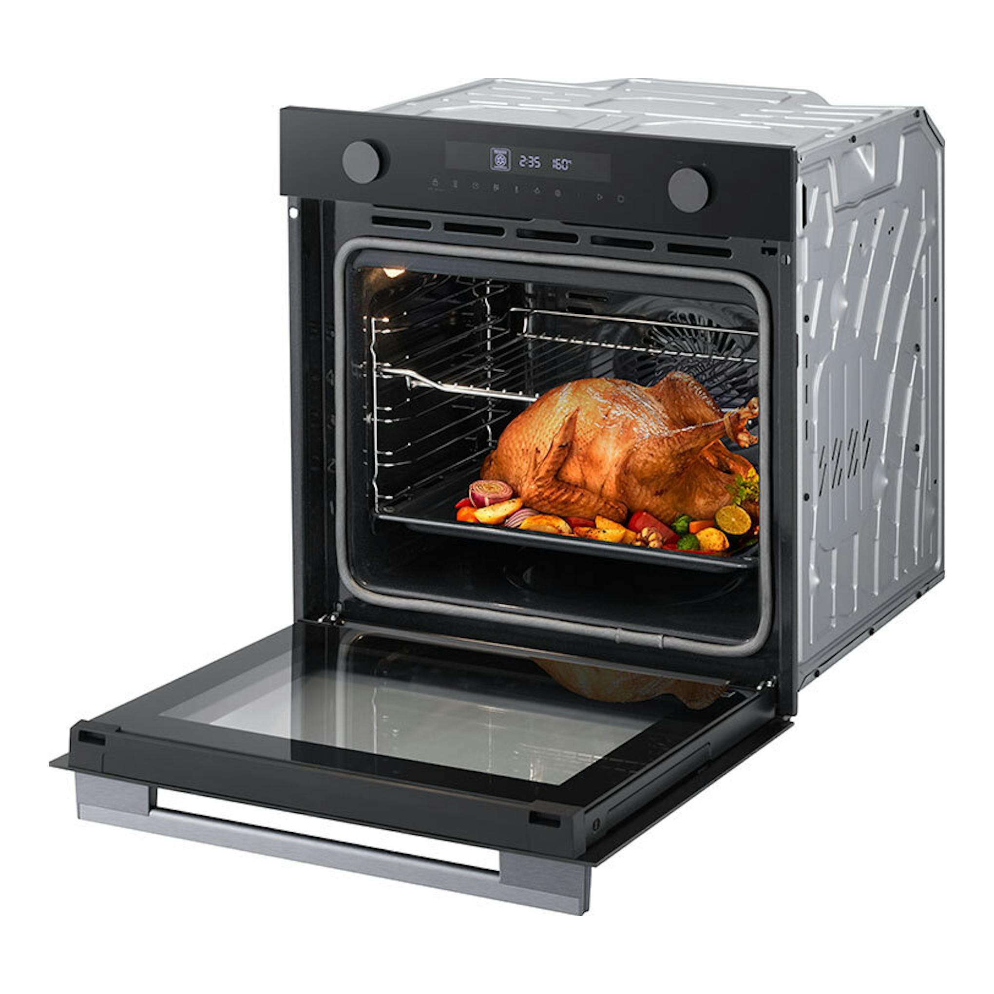 Horno LG WS5D7210G de cristal negro, vista frontal en 3/4, puerta abatible abierta y pavo asado dentro.