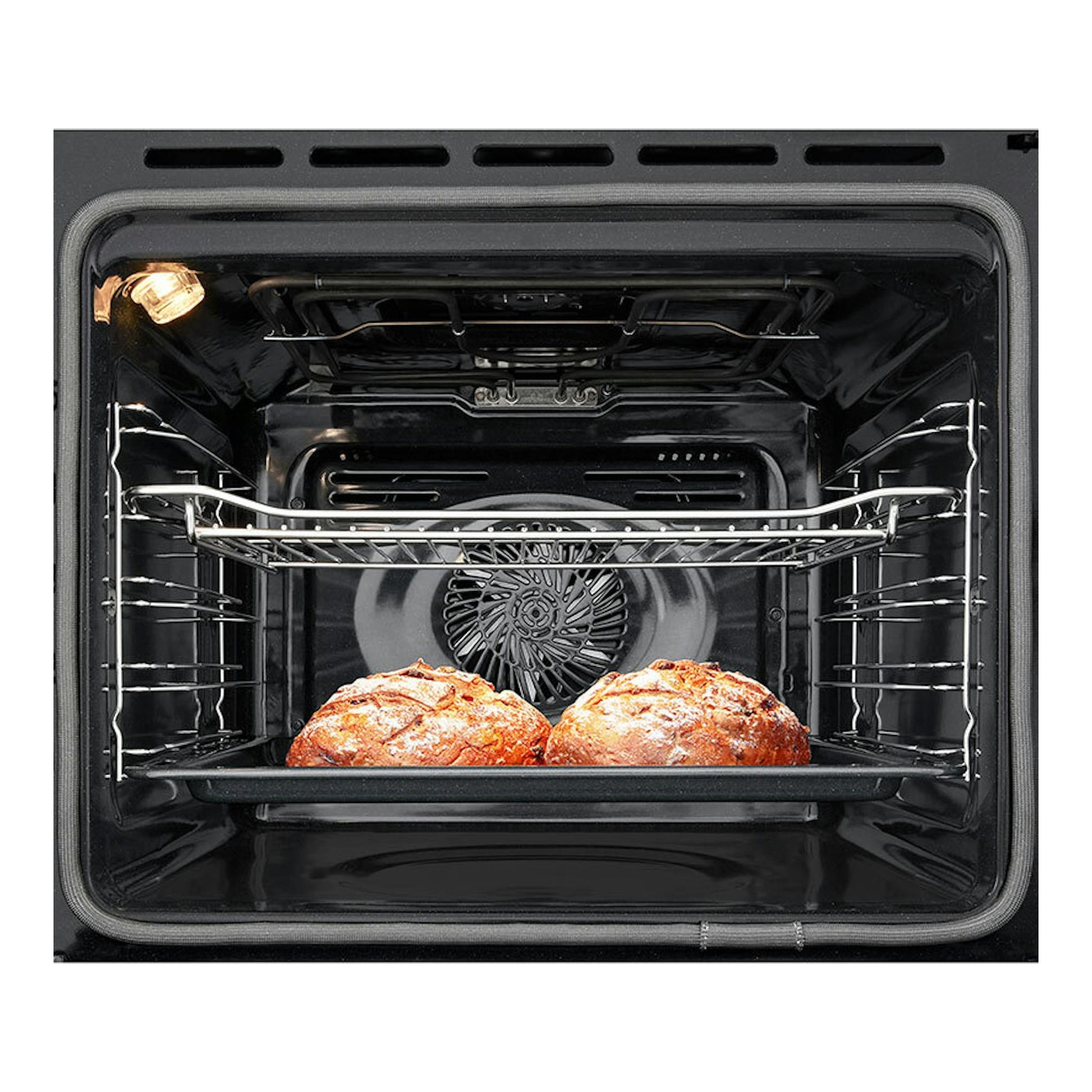 LG WS5D7210G, horno de cristal negro visto de frente, con interior iluminado, rejillas y dos panes en la bandeja.