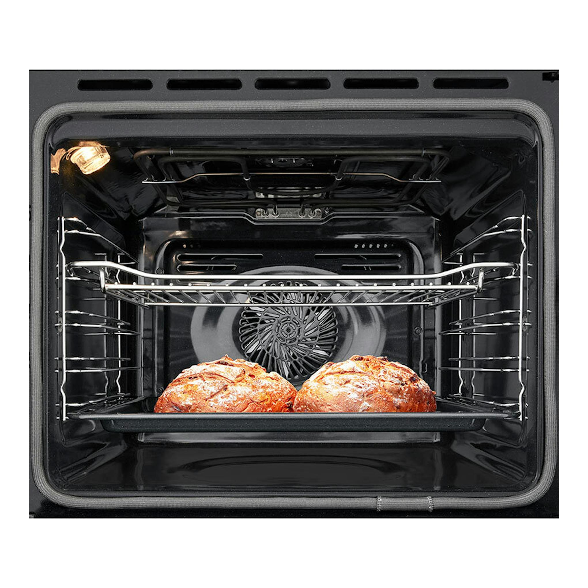 LG WS5D7210G, horno de cristal negro visto de frente, con interior iluminado, rejillas y dos panes en la bandeja.