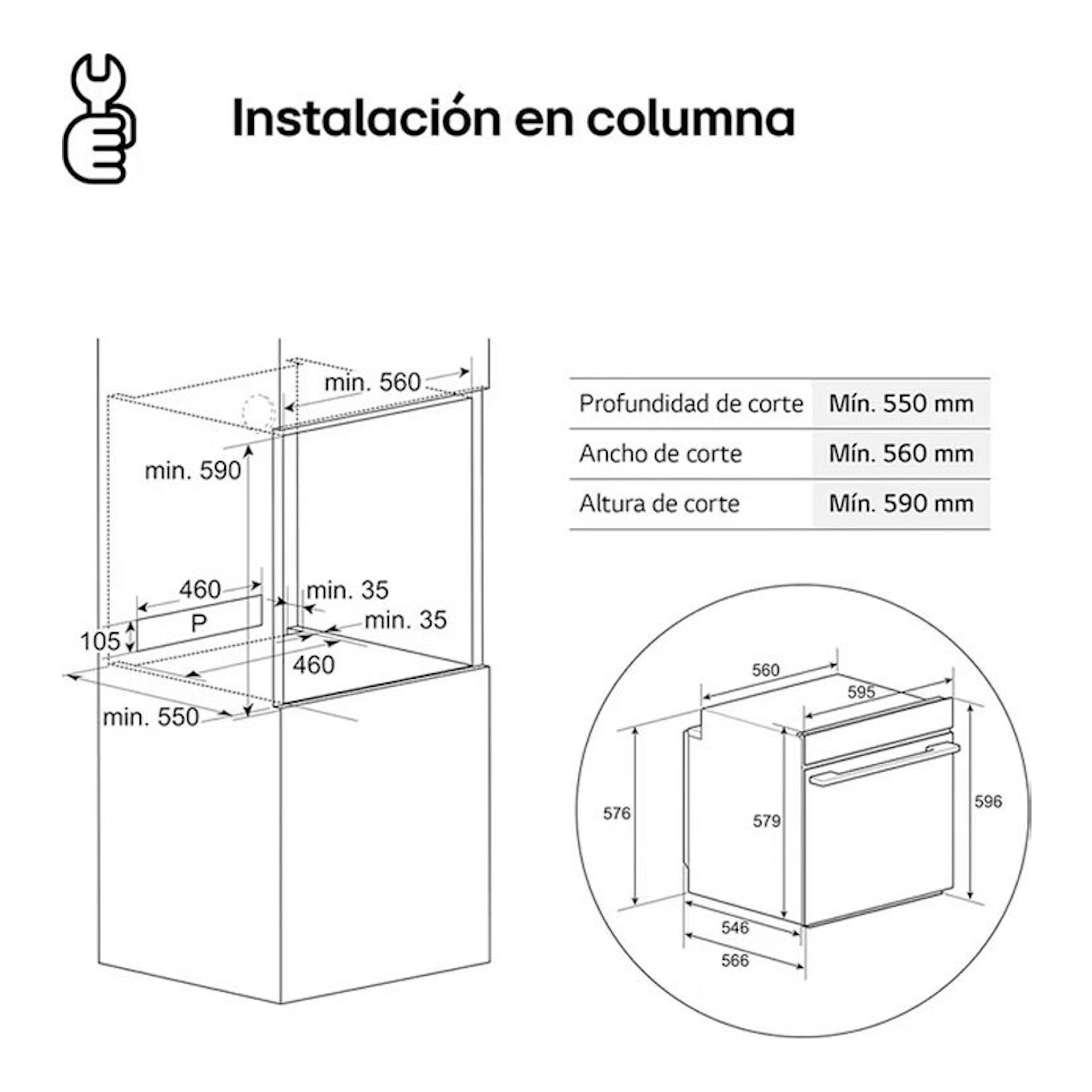Diagrama de instalación en columna del horno LG WS5D7210S Inox con medidas de corte y dimensiones.