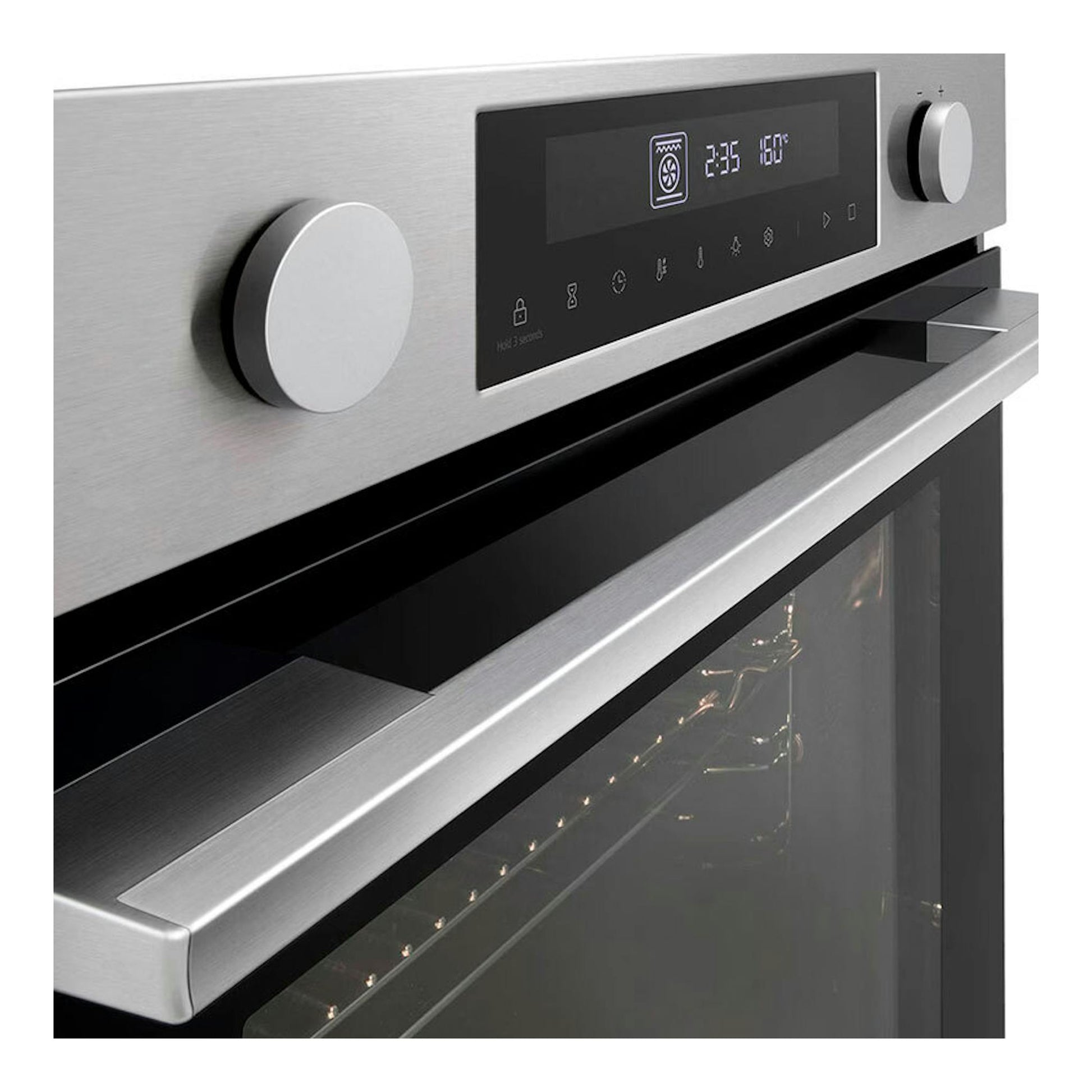 Horno LG WS5D7210S de acero inoxidable, vista frontal parcial con panel digital y dos mandos.