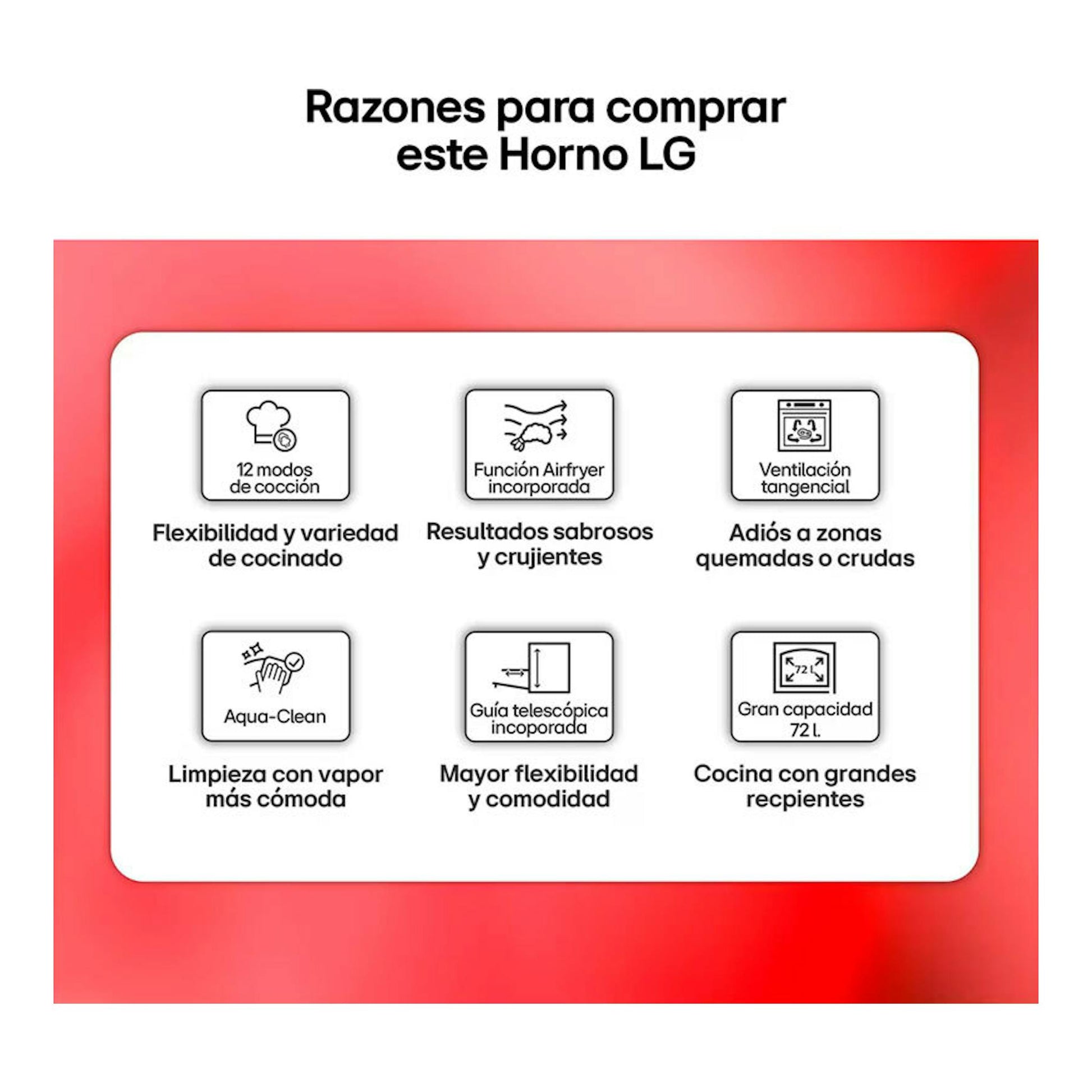 Infografía promocional del horno LG WS5D7210S Inox con iconos de 12 modos, Airfryer y capacidad 72 l.