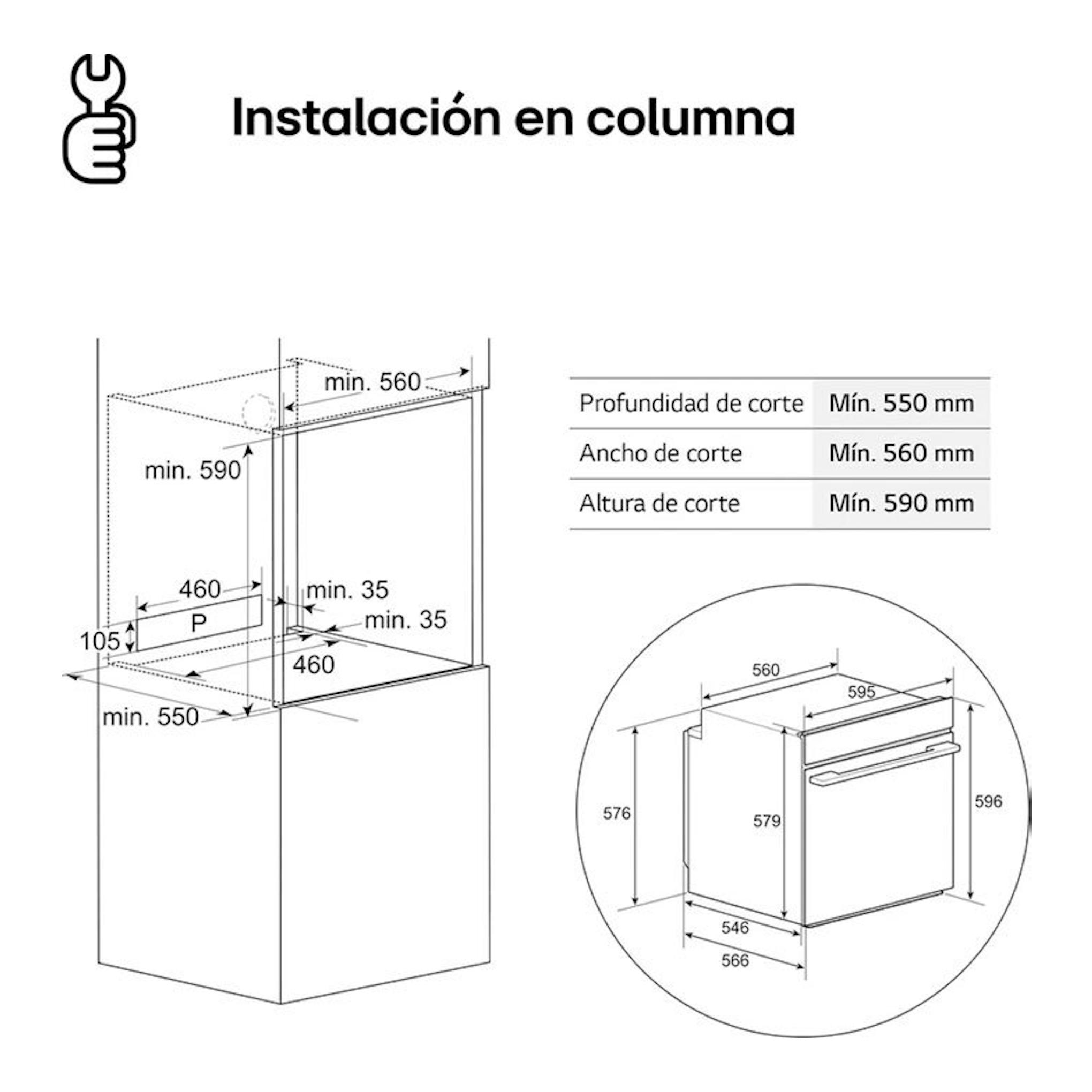 LG WS5D7230S Inox: esquema técnico de instalación en columna, con medidas y vista frontal del horno.