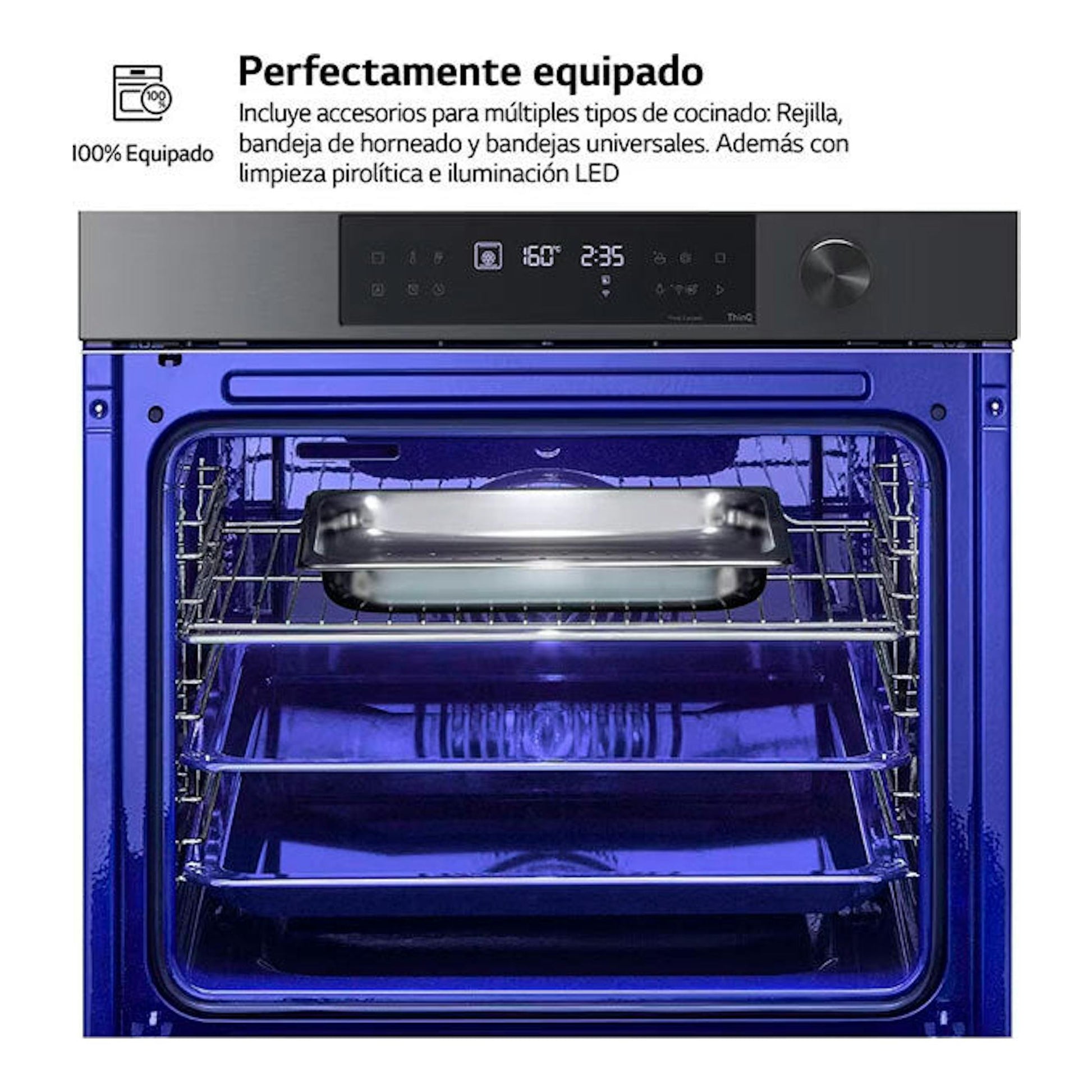 Horno LG WSED7612B negro, vista frontal con puerta abierta e interior azul con bandeja y rejillas.