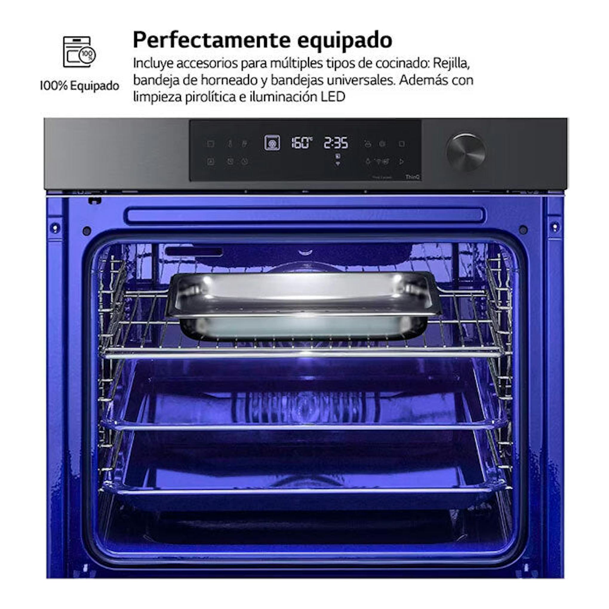 Horno LG WSED7612B negro, vista frontal con puerta abierta e interior azul con bandeja y rejillas.