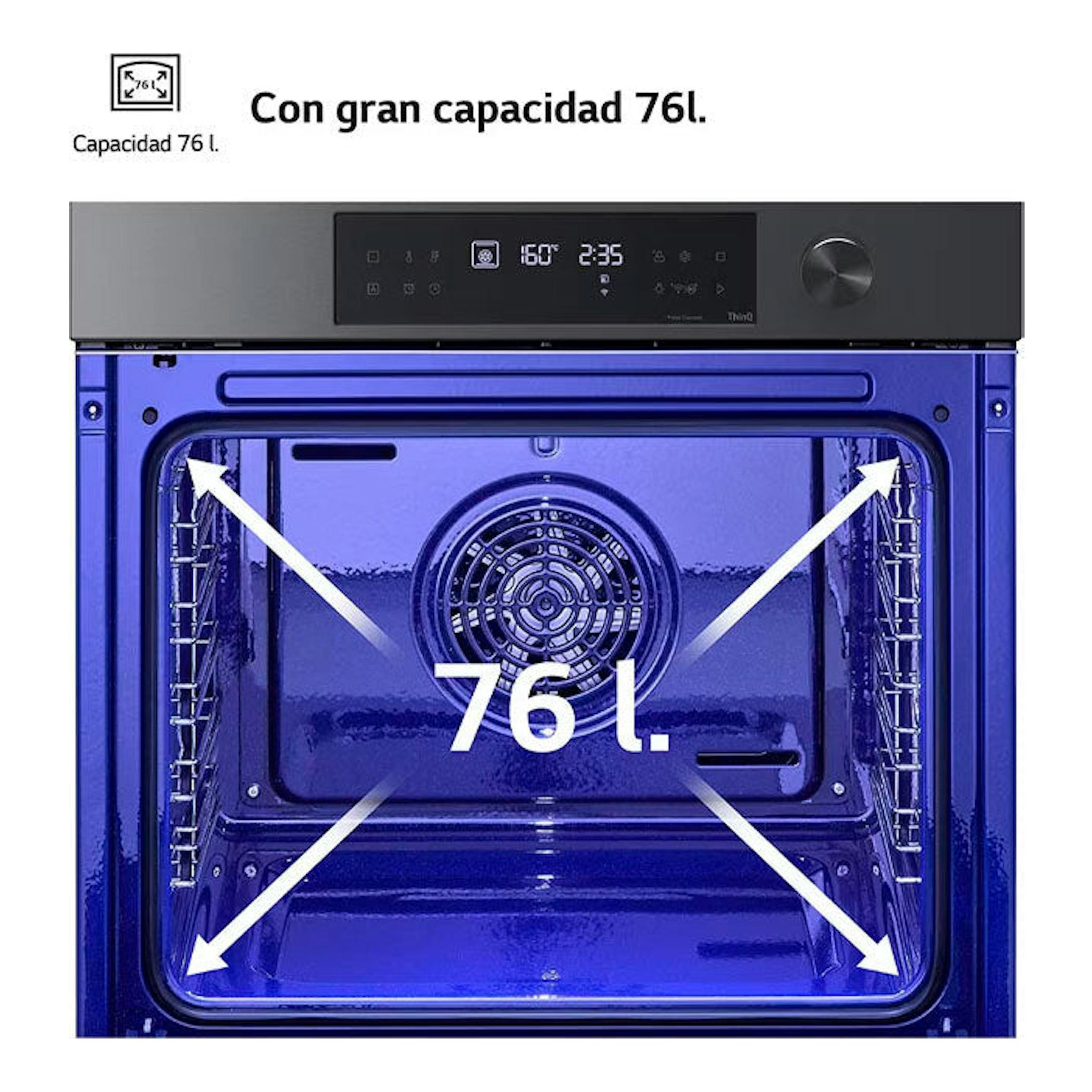 Horno LG WSED7612B negro, vista frontal con puerta abierta e interior azul, capacidad 76 L.
