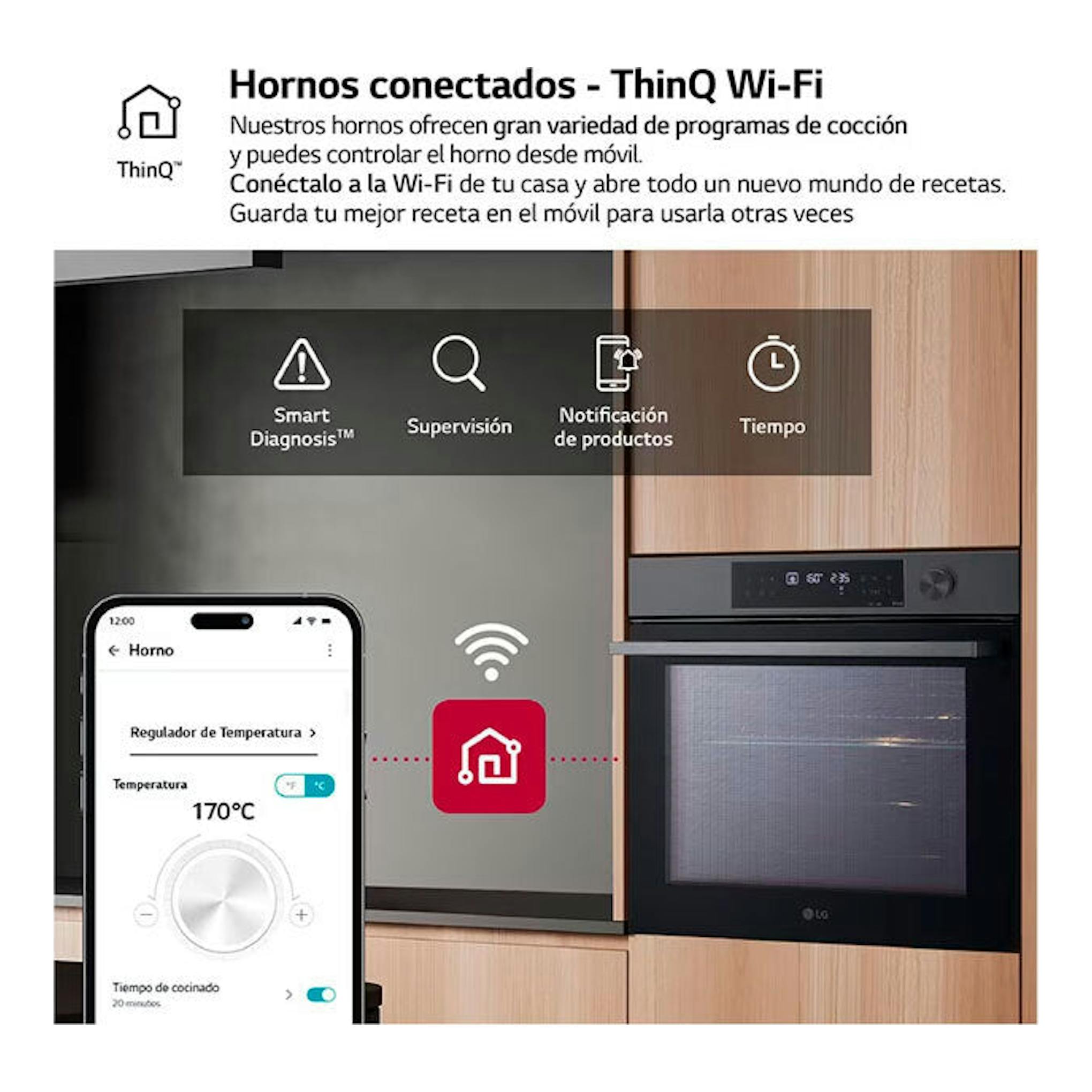 Horno LG WSED7612B negro, vista frontal, con pantalla ThinQ Wi‑Fi y control desde móvil.