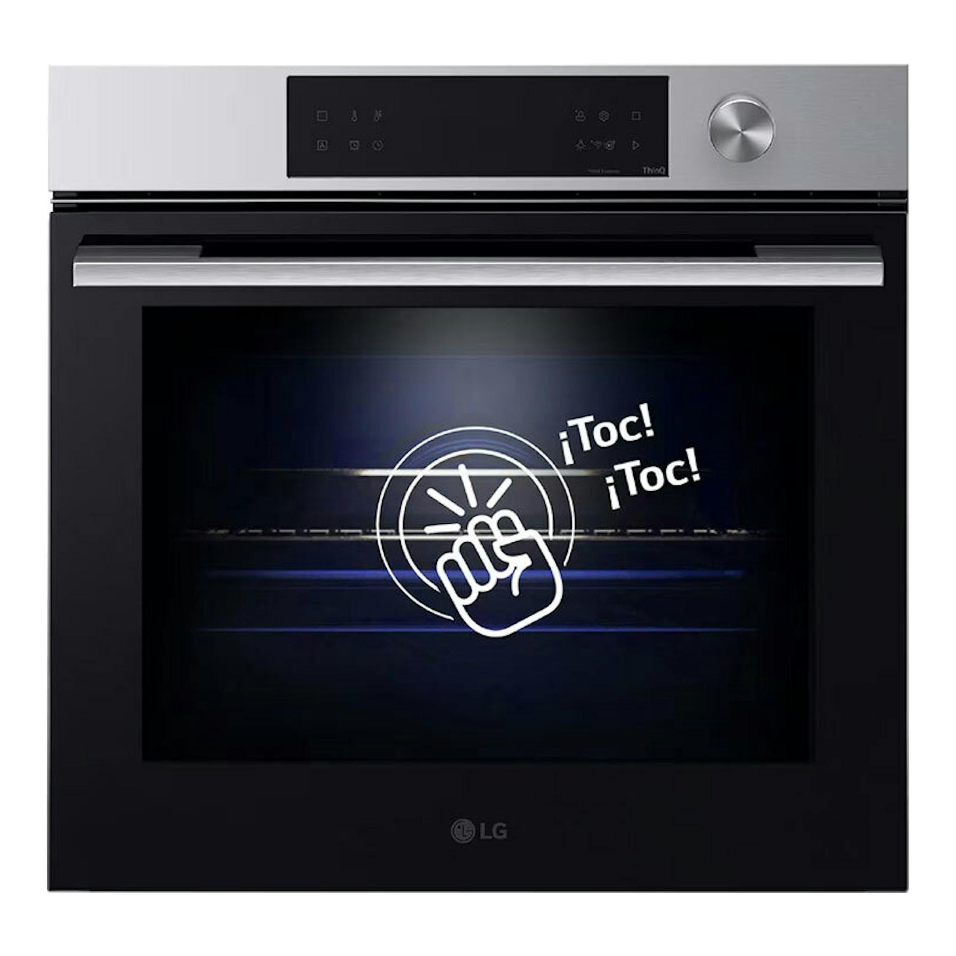 Horno LG WSED7612S inox, vista frontal, puerta de cristal negro y panel superior en acero con mando circular.