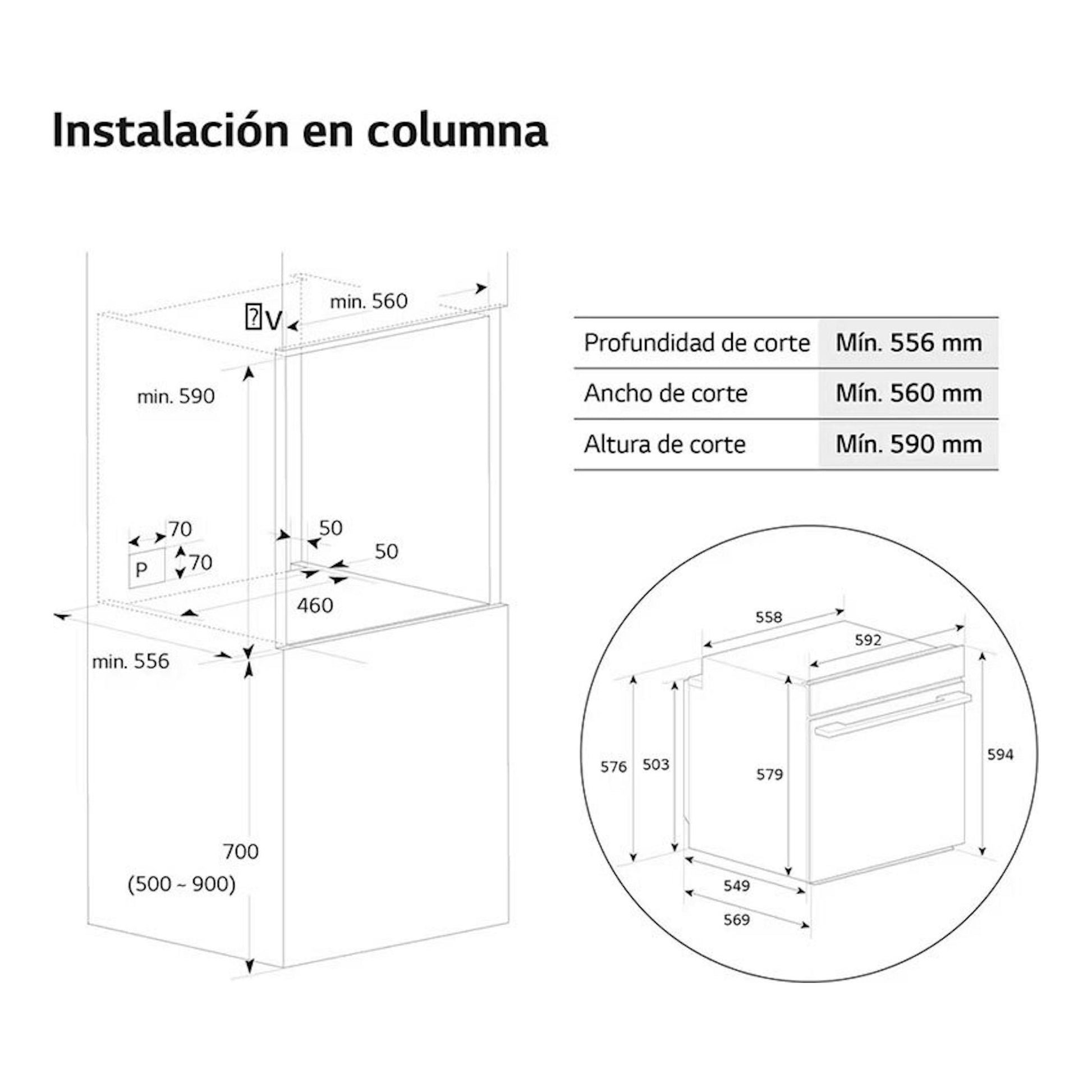 Esquema de instalación en columna del horno LG WSED7612S Inox, con medidas de corte y vista frontal.