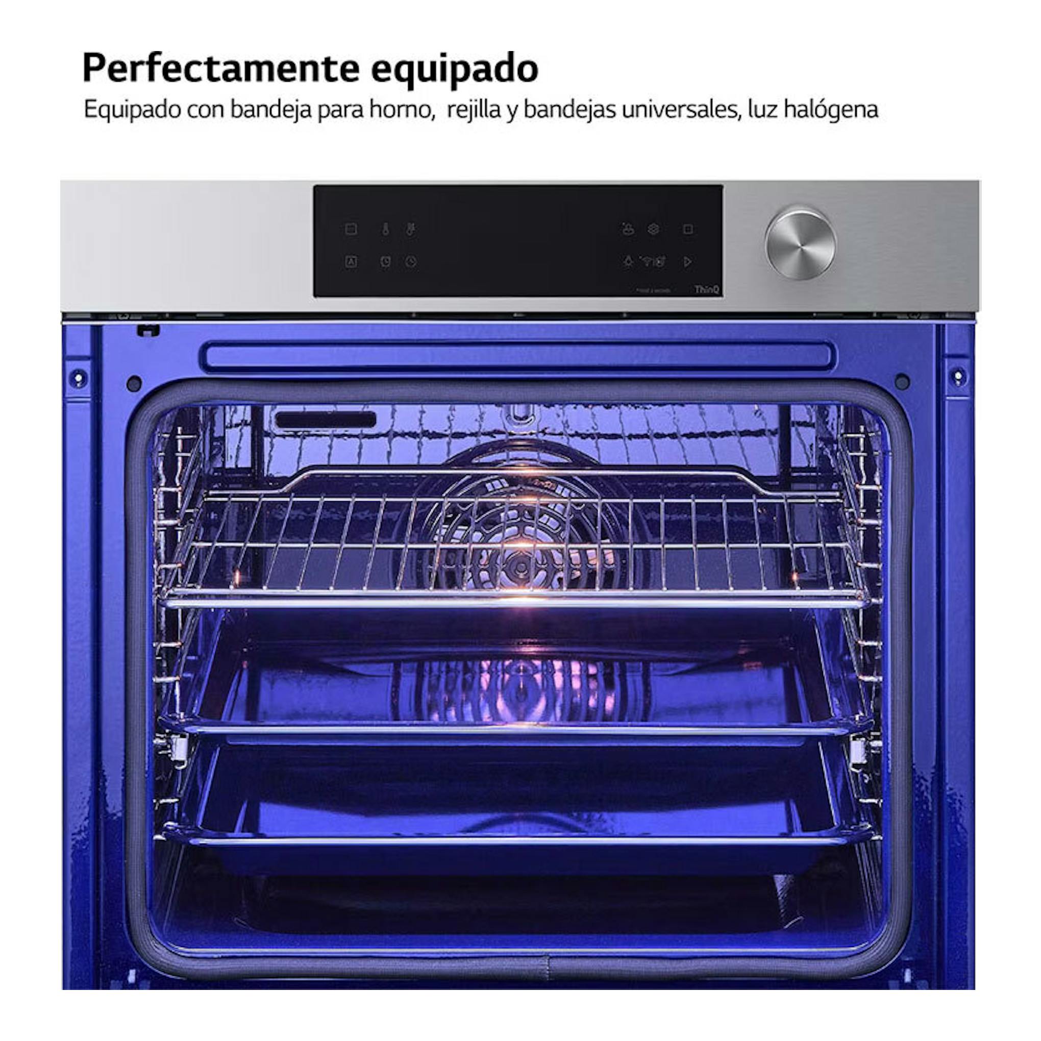 Horno LG WSED7612S inox, vista frontal con puerta abierta e interior iluminado.