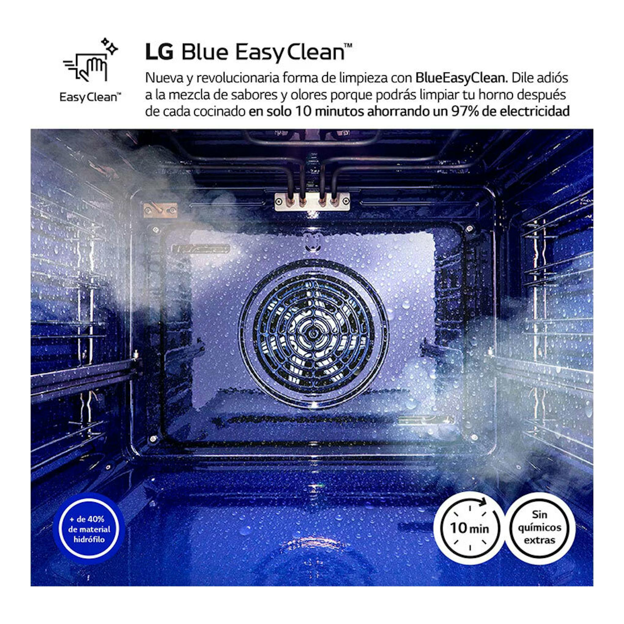 Interior de horno LG WSED7612S Inox, vista frontal, con vapor y ventilador central azul.