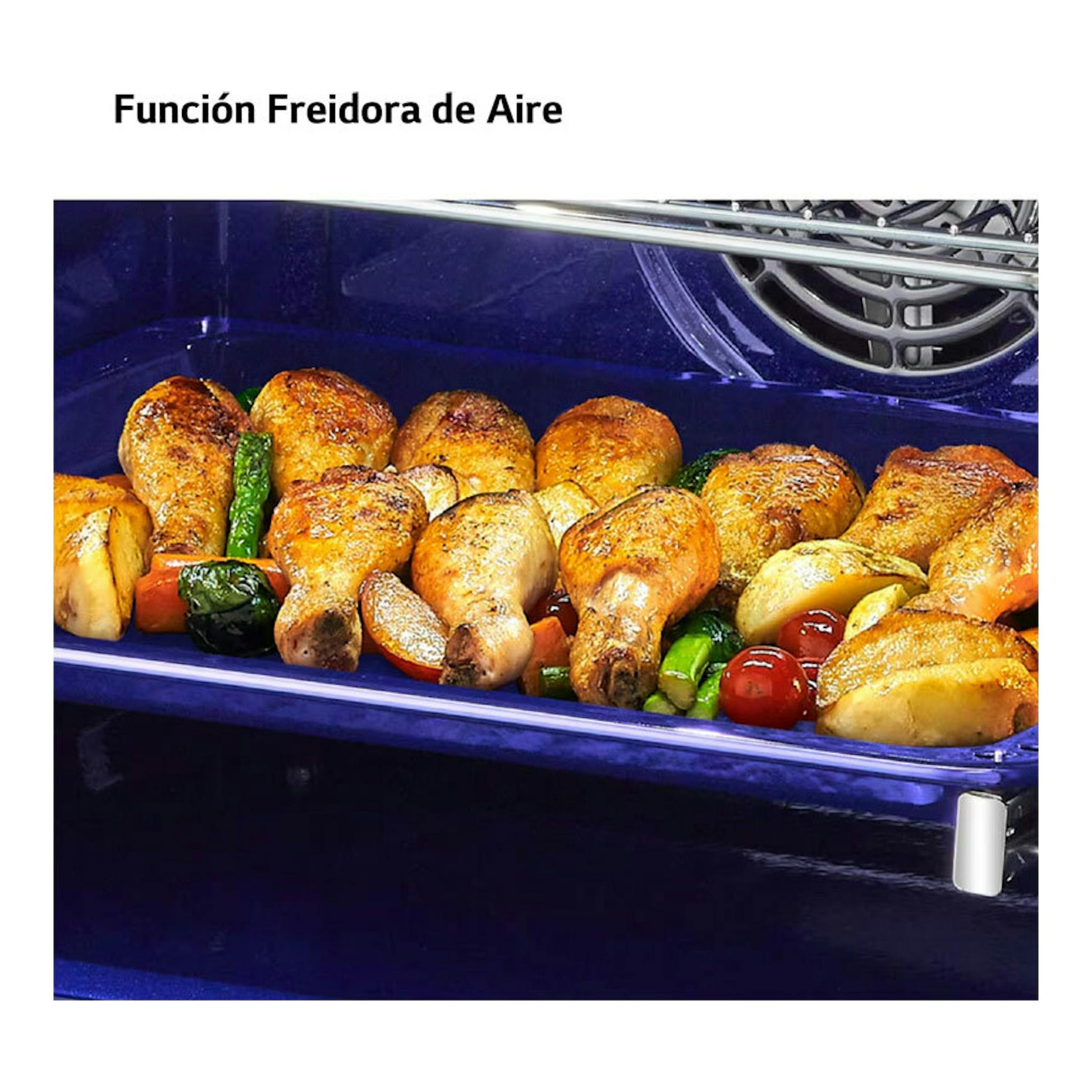 Interior de horno LG WSED7612S inox con pollo y verduras en bandeja, vista frontal.