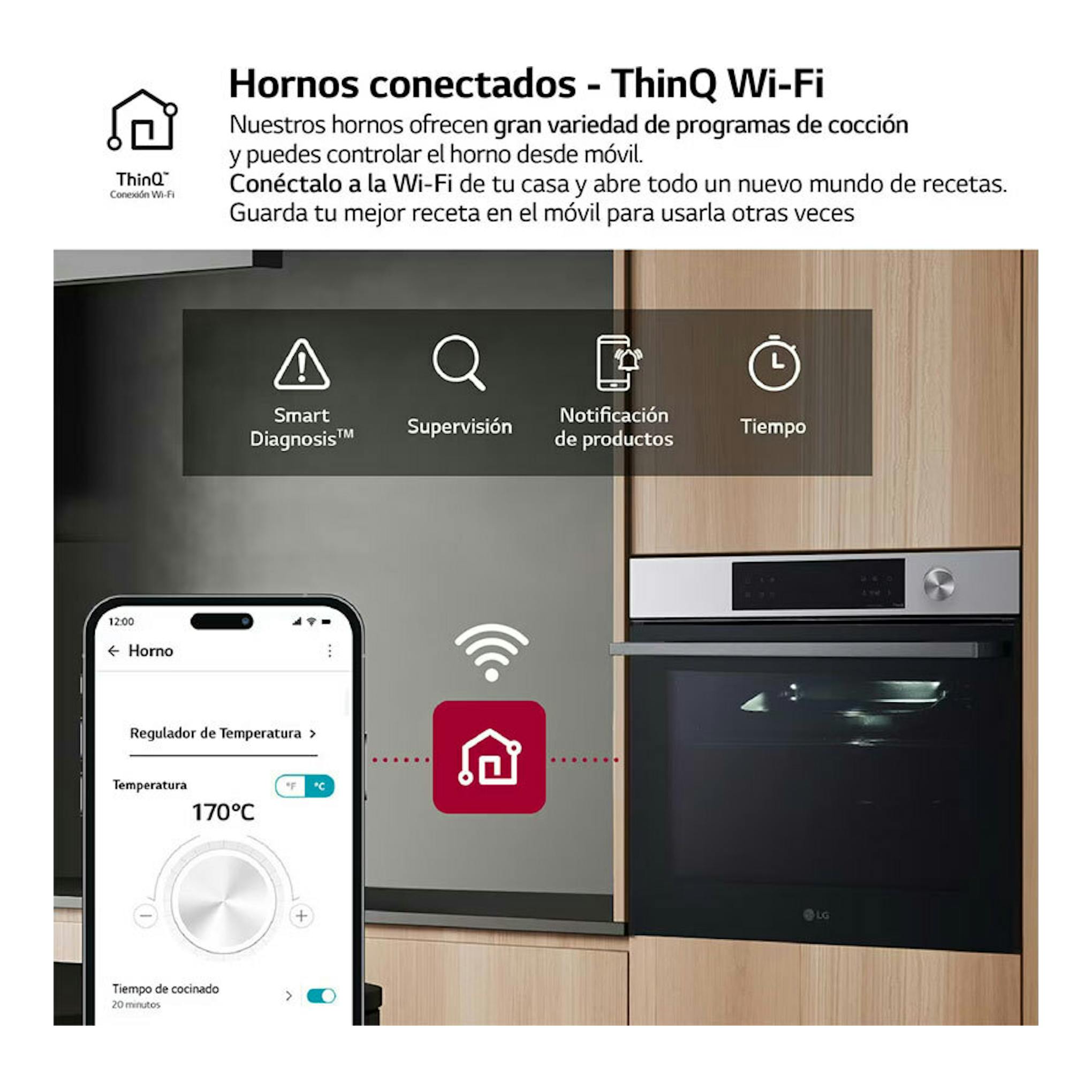 Horno LG WSED7612S inox empotrado, vista frontal, con control Wi‑Fi y móvil.