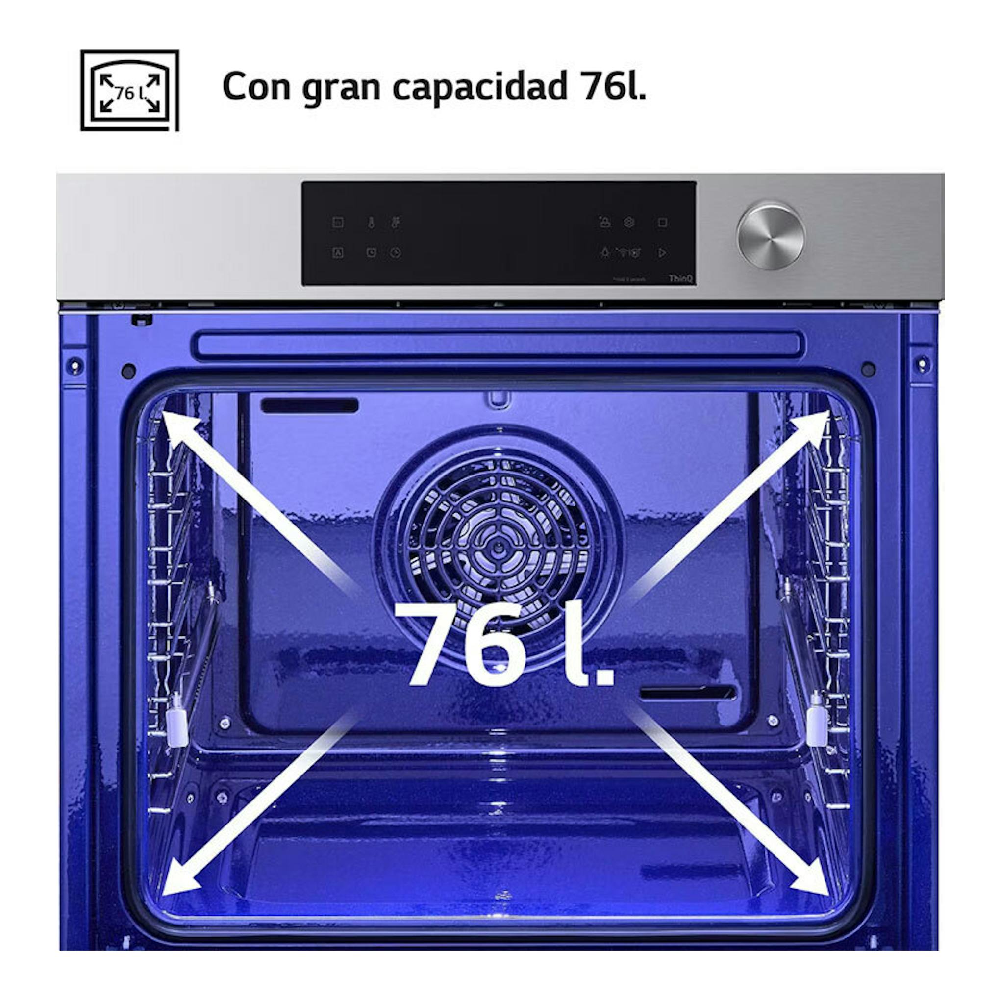 Horno LG WSED7612S inox, vista frontal con puerta abierta e interior de 76 l.