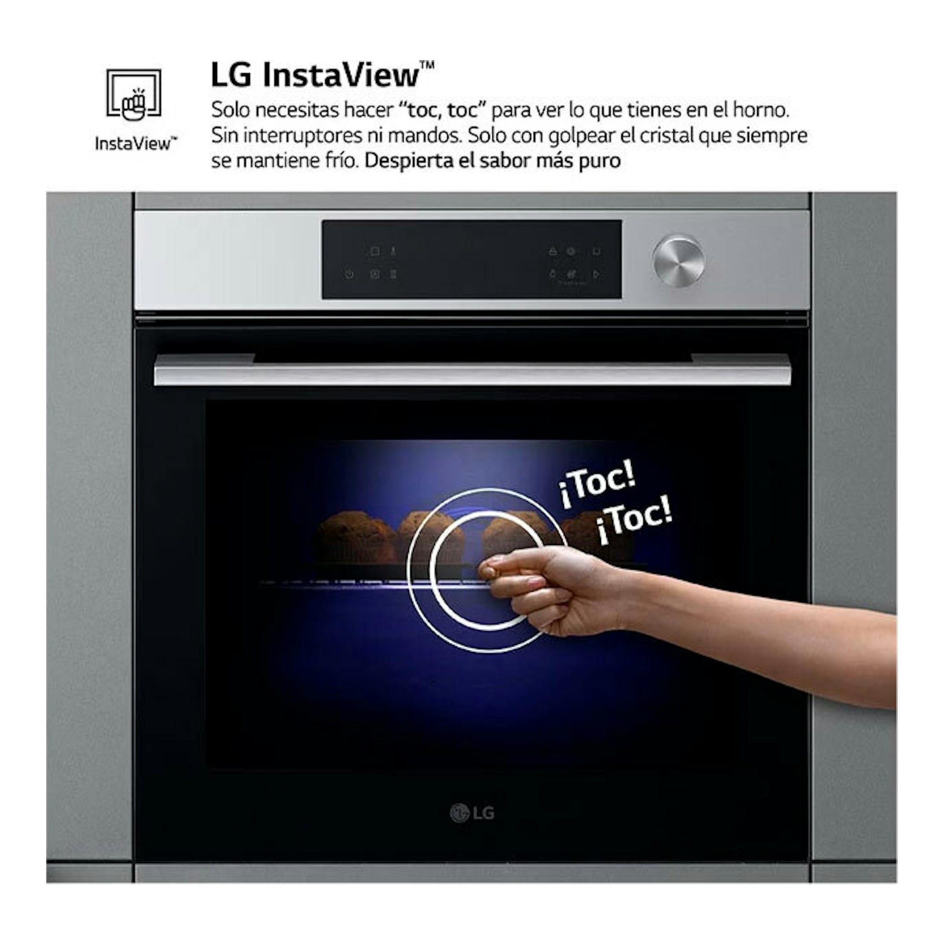 Horno LG WSED7613S inox, vista frontal, con panel táctil y una mano golpeando la puerta de cristal.