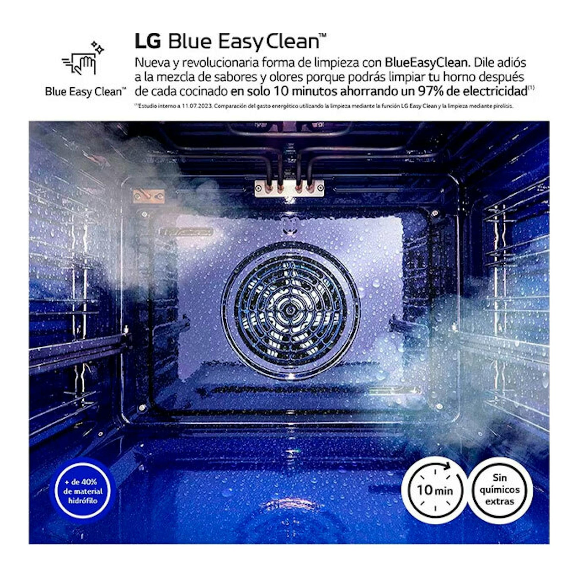 Interior frontal del horno LG WSED7613S Blue EasyClean, azul, con ventilador central y vapor de limpieza.