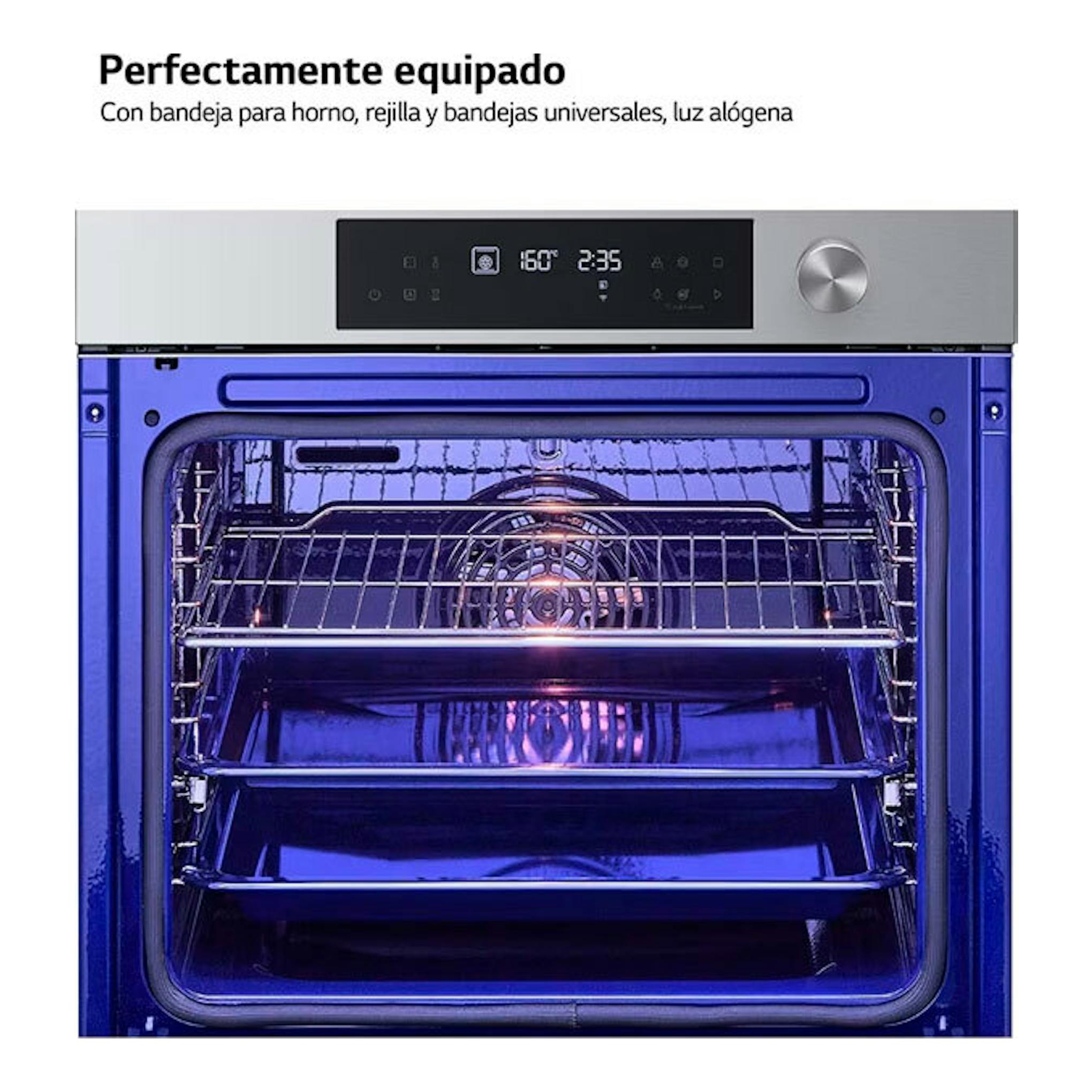 Horno LG WSED7613S de acero inoxidable, vista frontal con puerta abierta y panel digital, interior iluminado en azul.