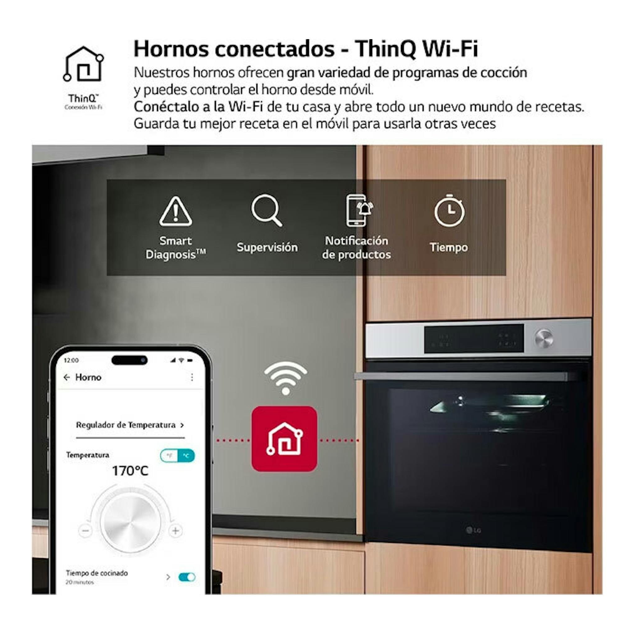 Vista frontal de horno LG WSED7613S inox empotrado, con control desde app móvil y conexión Wi‑Fi.