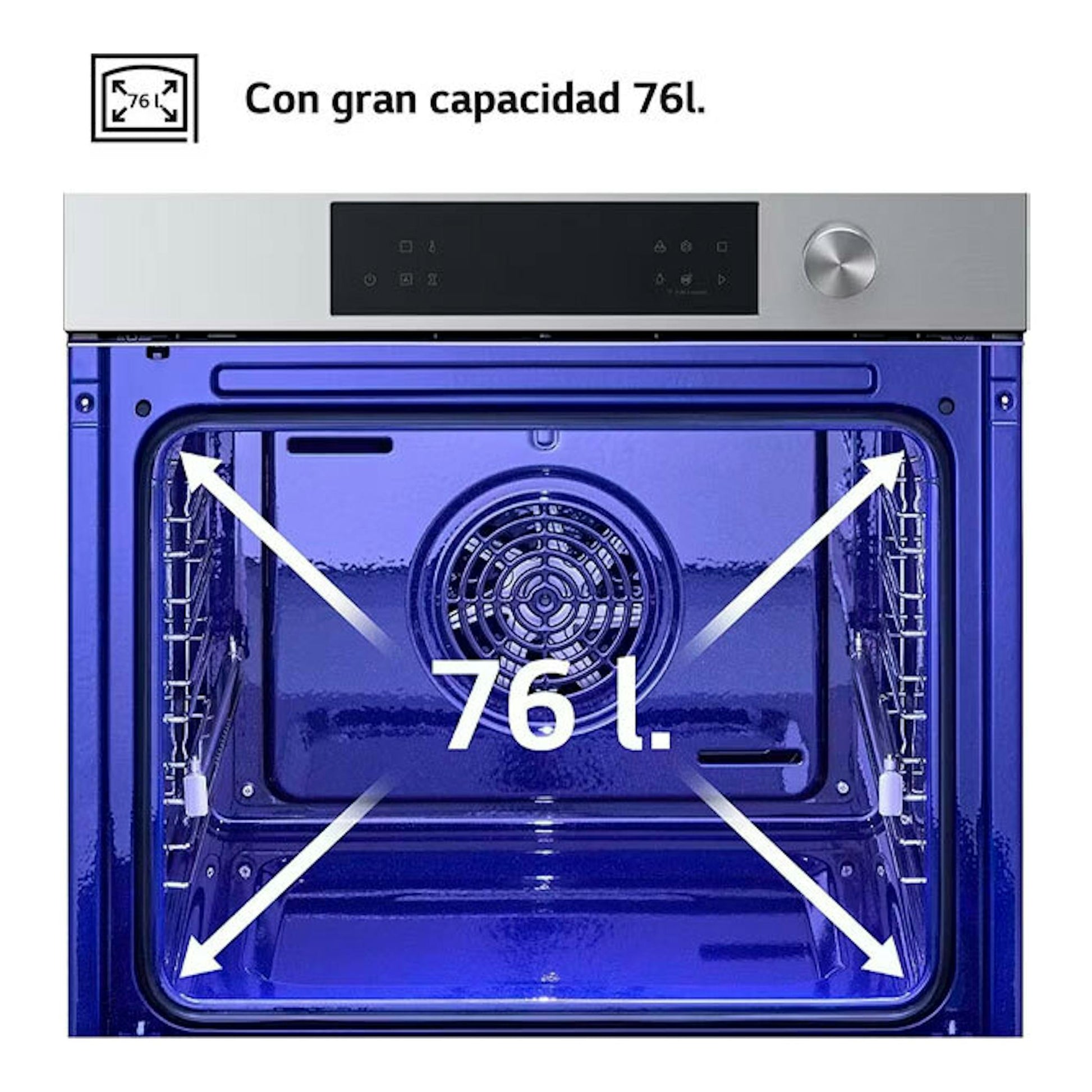 Horno LG WSED7613S inox, vista frontal con puerta abierta e interior azul, capacidad 76 l.