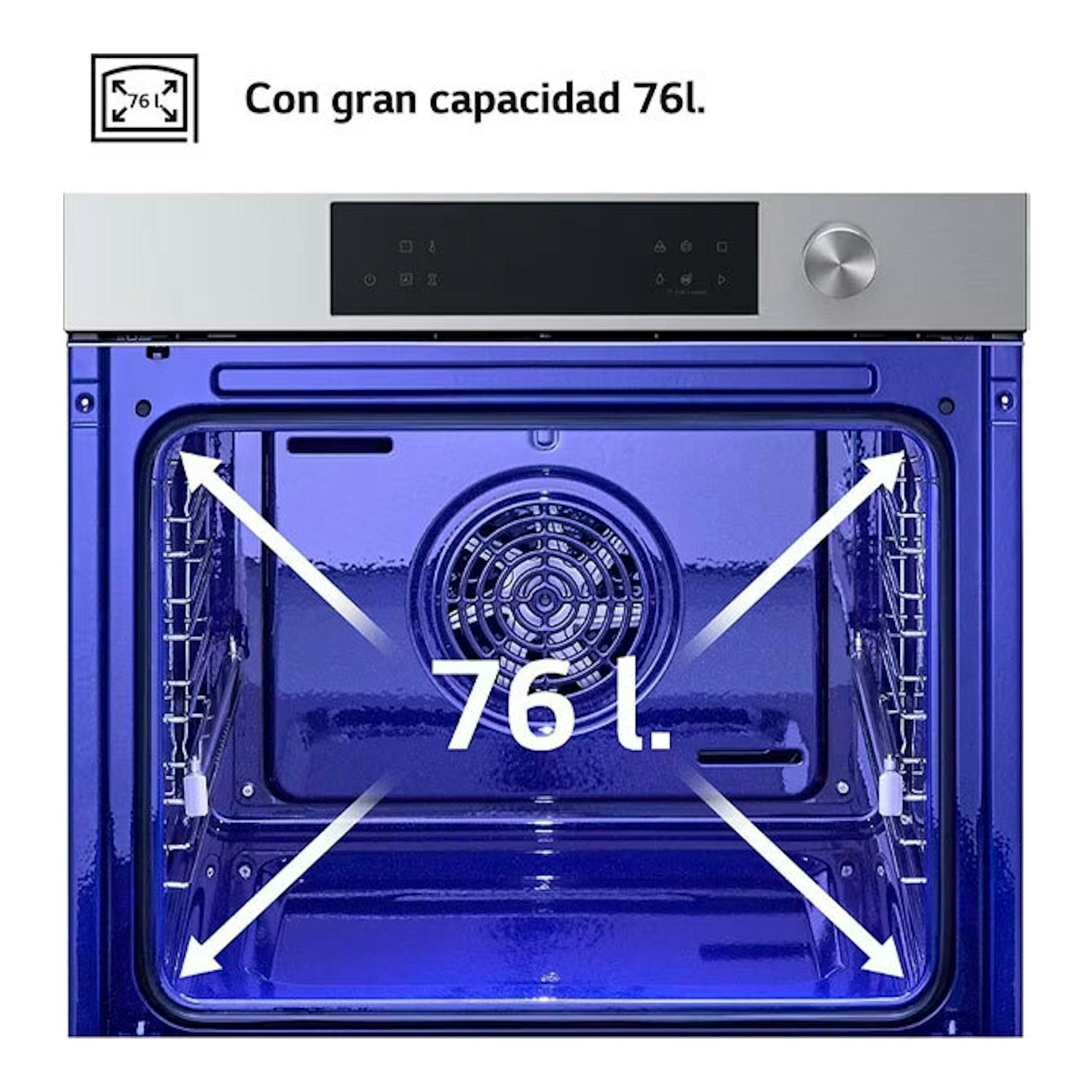 Horno LG WSED7613S inox, vista frontal con puerta abierta e interior azul, capacidad 76 l.