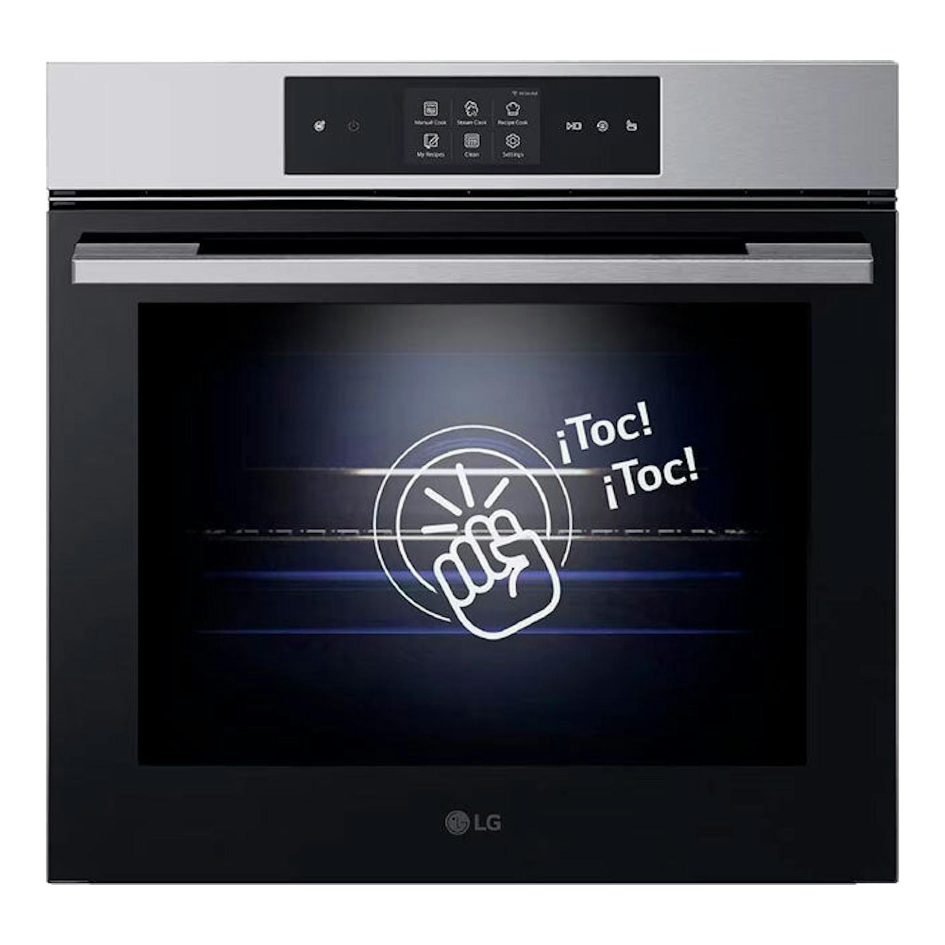 Horno LG WSED7664S Inox, vista frontal, puerta negra y panel superior en acero inoxidable.