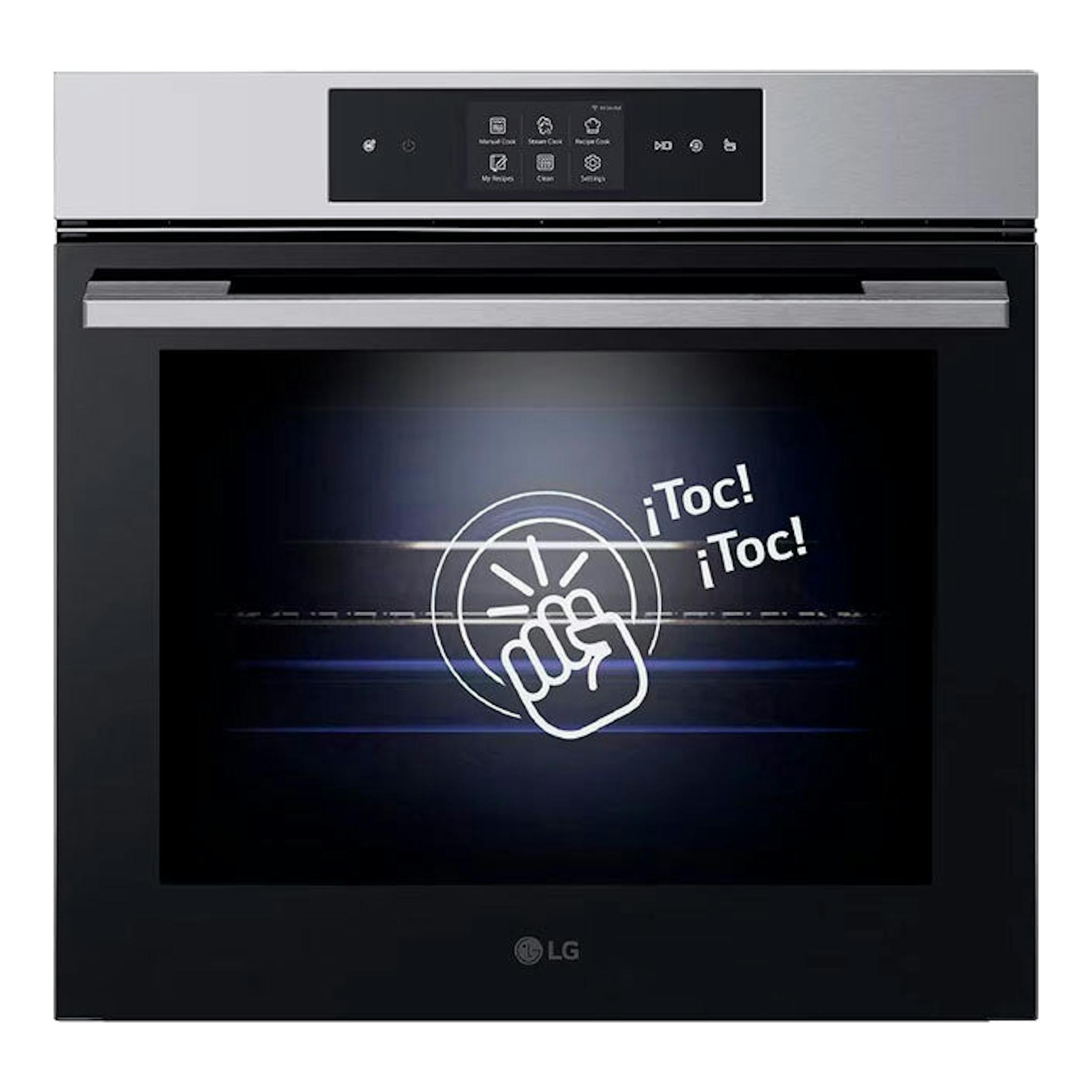 Horno LG WSED7664S Inox, vista frontal, puerta negra y panel superior en acero inoxidable.