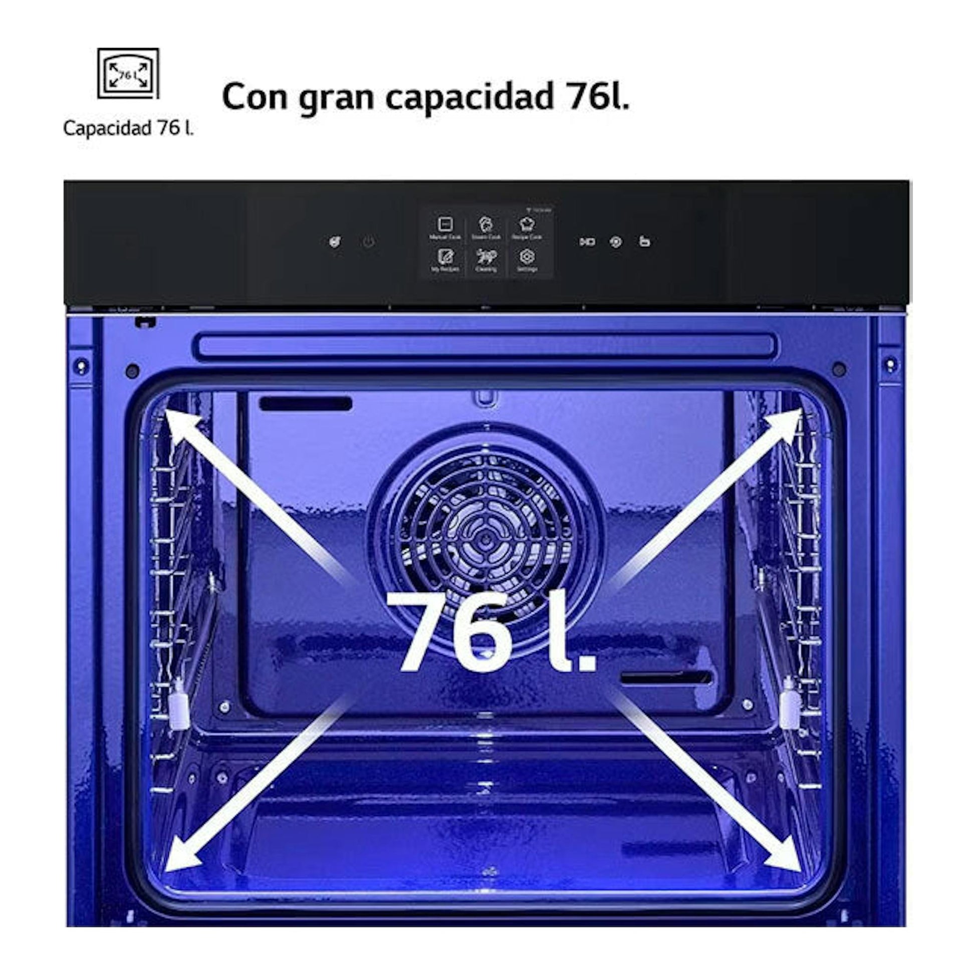 Horno LG WSED7664S inox, vista frontal del interior azul con capacidad de 76 l.