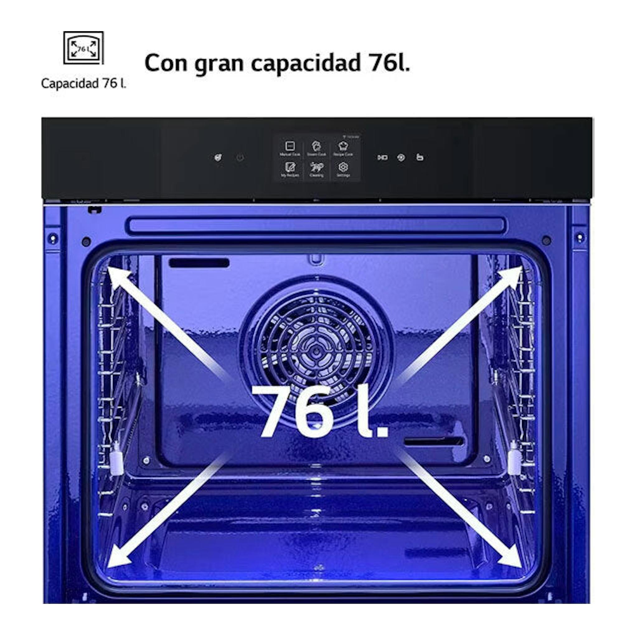 Horno LG WSED7664S inox, vista frontal del interior azul con capacidad de 76 l.
