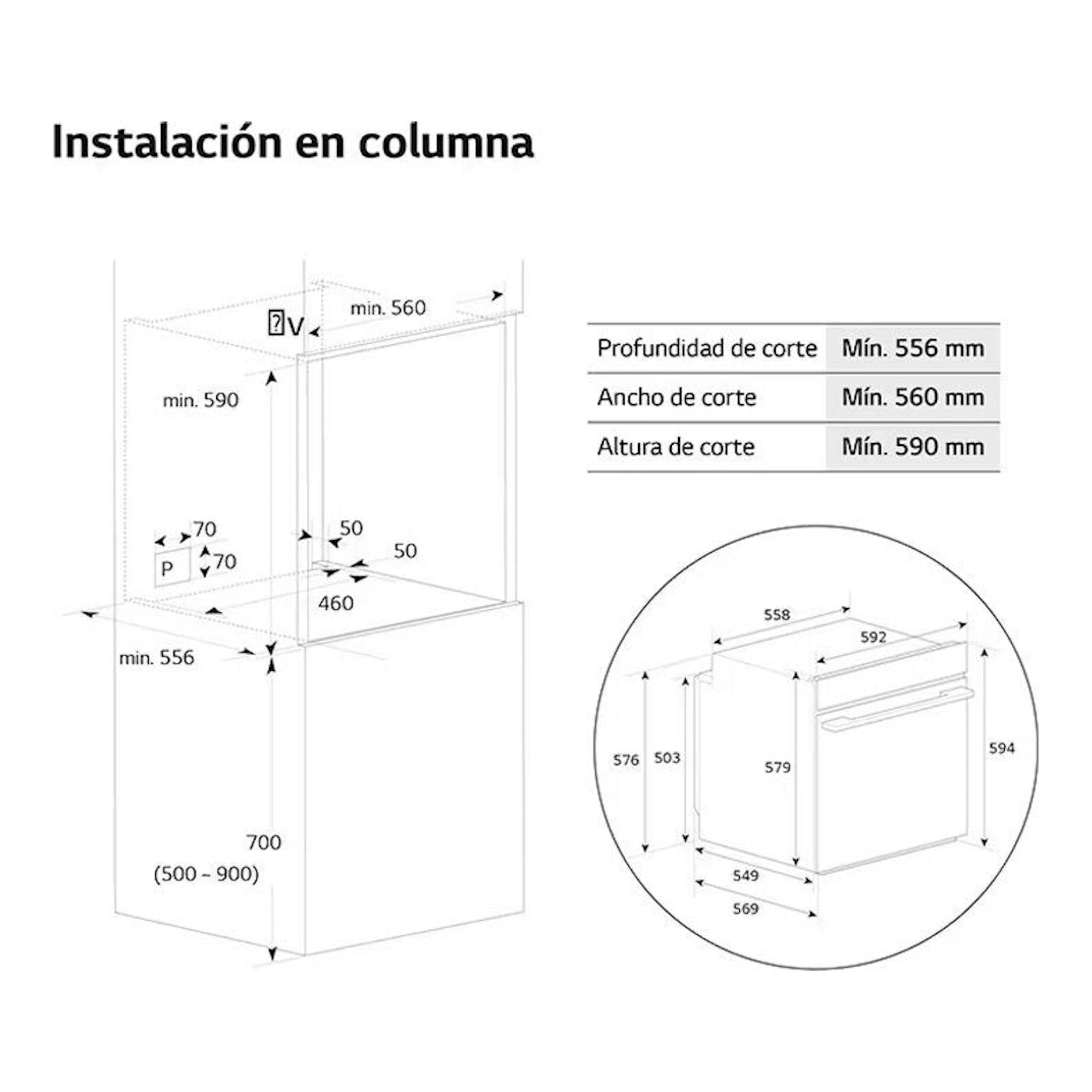 Diagrama de instalación en columna del horno LG WSED7664S Inox, con medidas de corte y vista frontal.