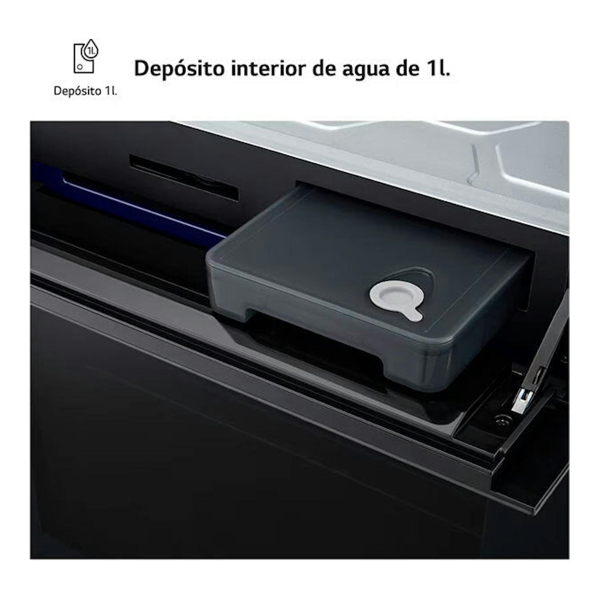 LG WSED7664S Inox: depósito interior de agua de 1 l extraído, vista parcial en negro y gris.