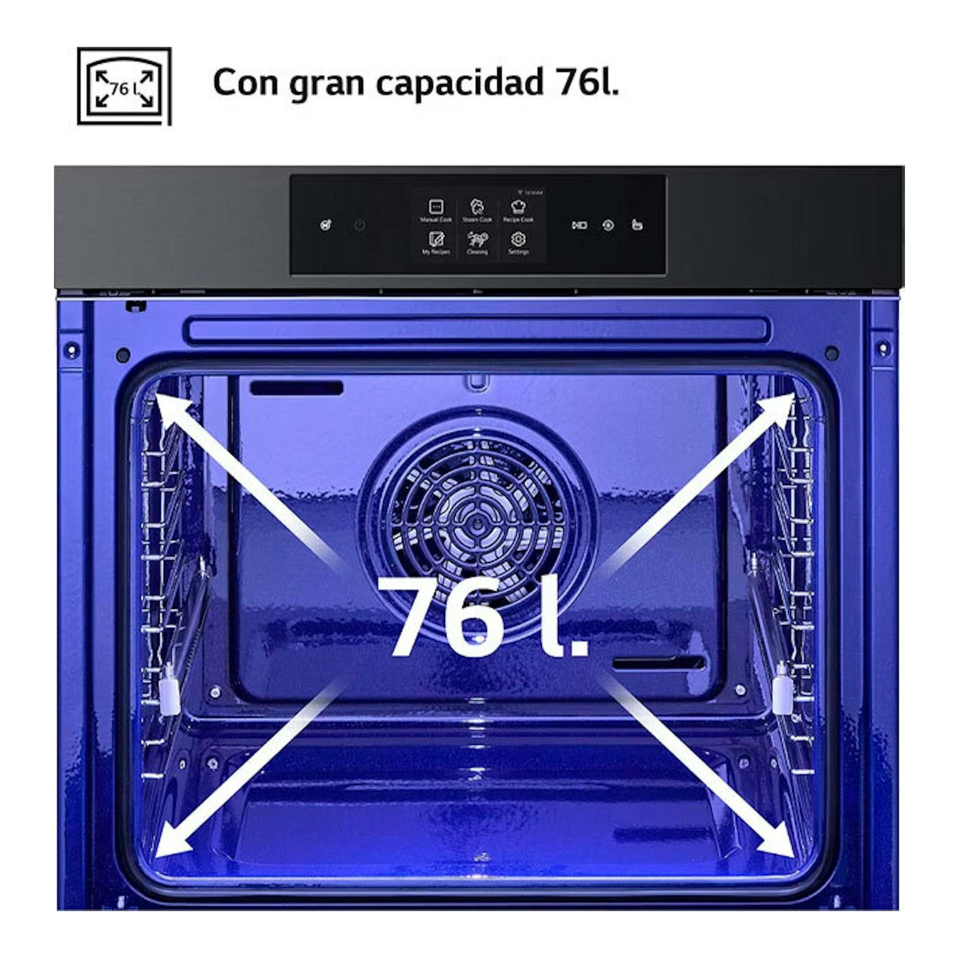 Horno LG WSED7665B en cristal negro, vista frontal abierta del interior azul, 76 L.