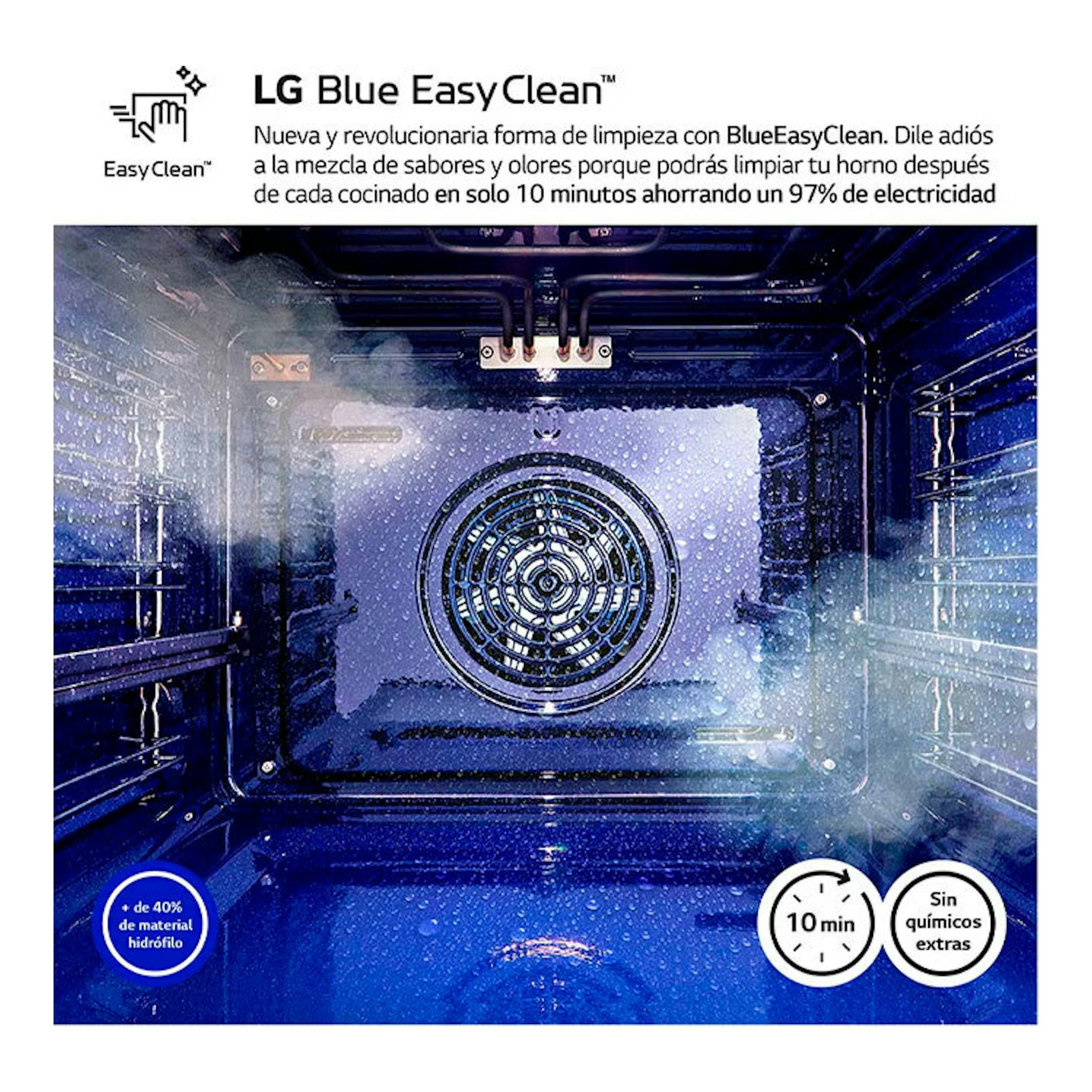 Horno LG WSED7665B, vista frontal del interior con función Blue EasyClean y vapor de limpieza.