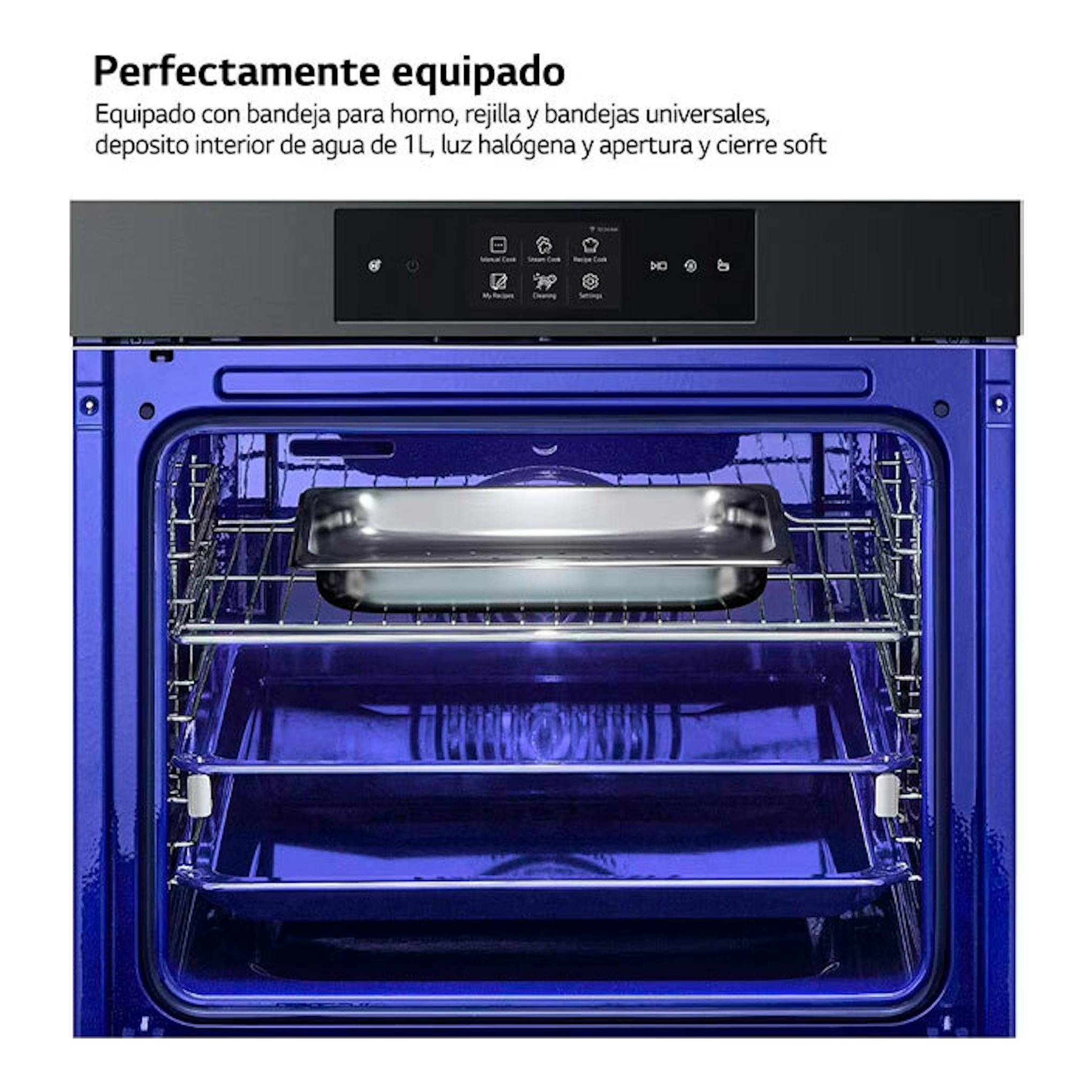 Horno LG WSED7665B de cristal negro, vista frontal con puerta abierta e interior azul con bandejas.