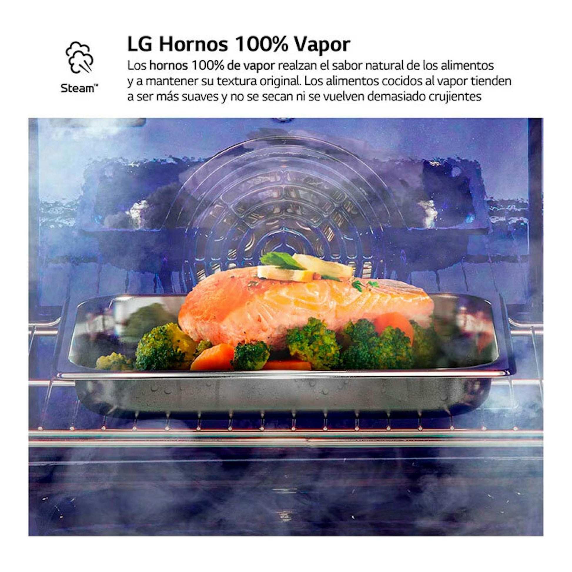 Horno LG WSED7665B de cristal negro, vista frontal del interior con salmón y verduras al vapor.
