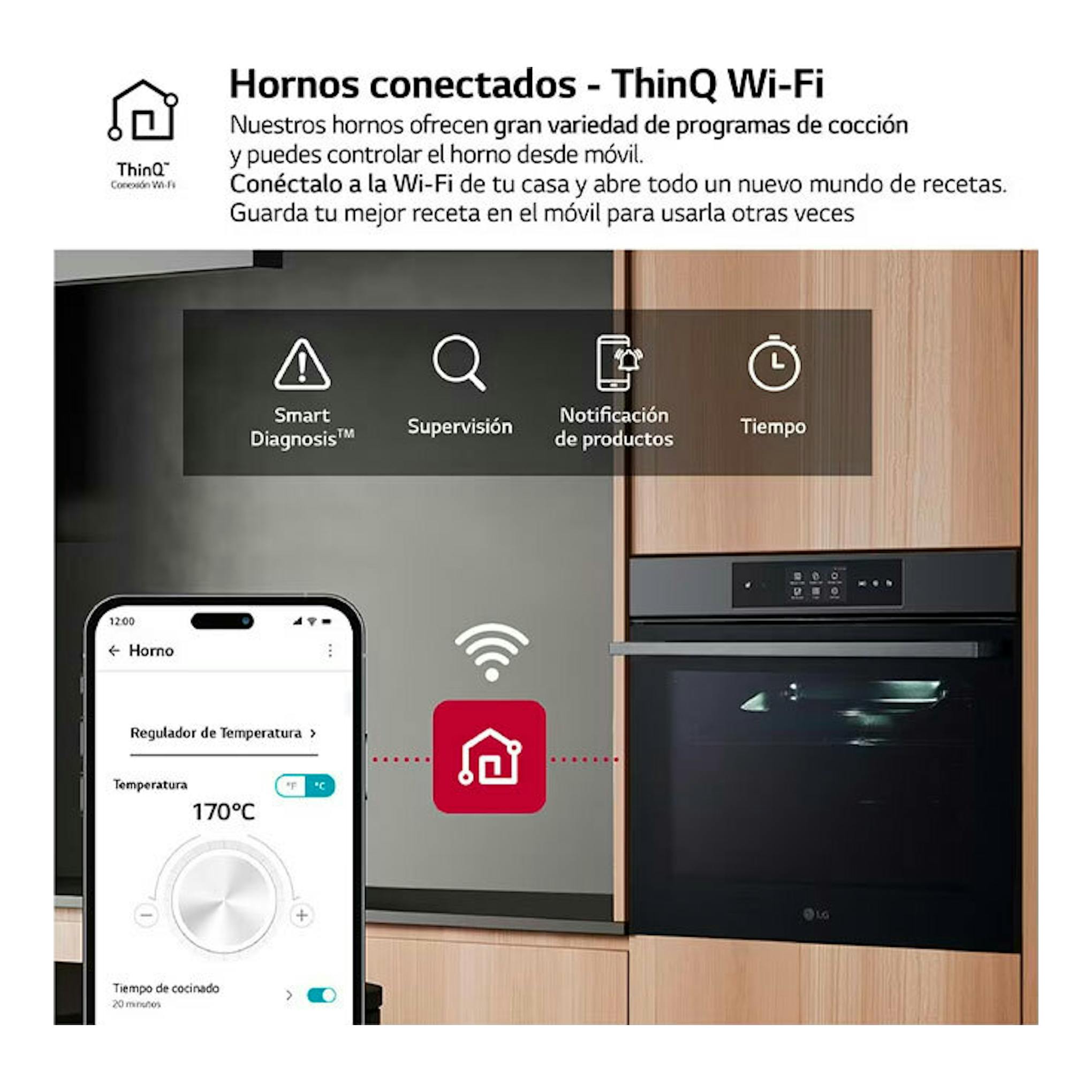 Horno empotrado LG WSED7665B de cristal negro, vista frontal, con app ThinQ Wi‑Fi.