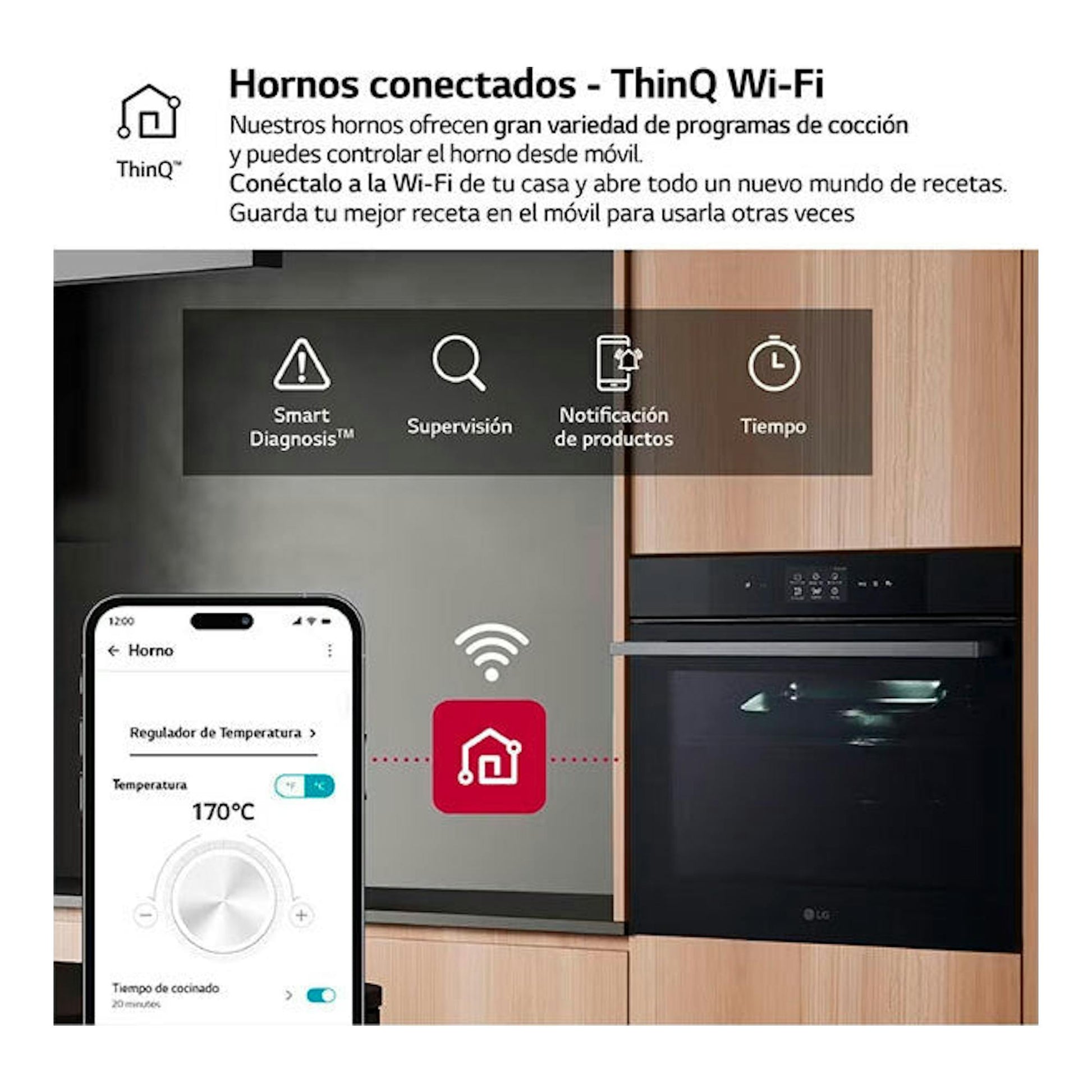 Horno LG WSED7666M negro, empotrado y visto de frente, junto a un móvil con control ThinQ Wi‑Fi.