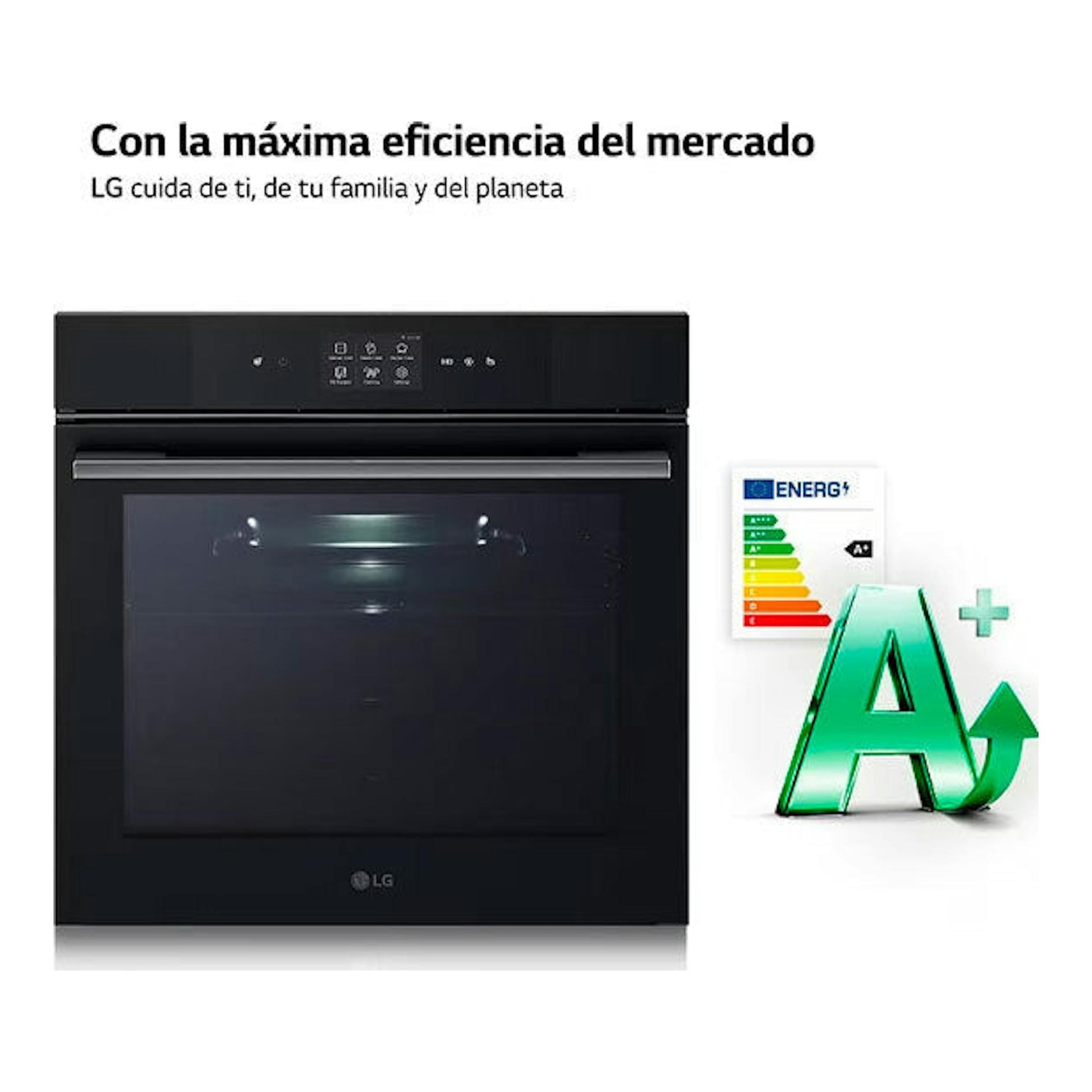 Horno LG WSED7666M negro, vista frontal, con panel digital superior y etiqueta energética A+.