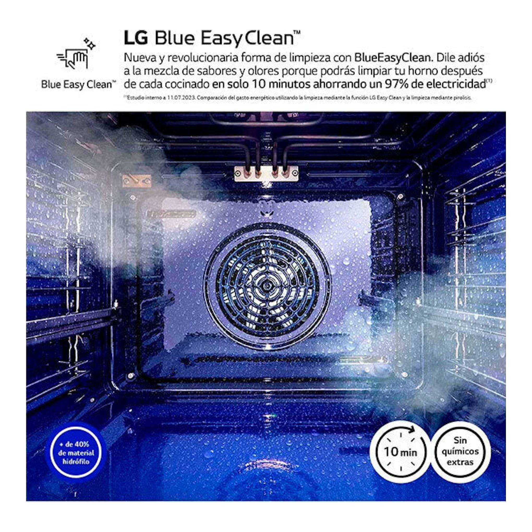 Vista frontal del interior de horno LG WSED7666M negro, con ventilador trasero y espuma Blue EasyClean.