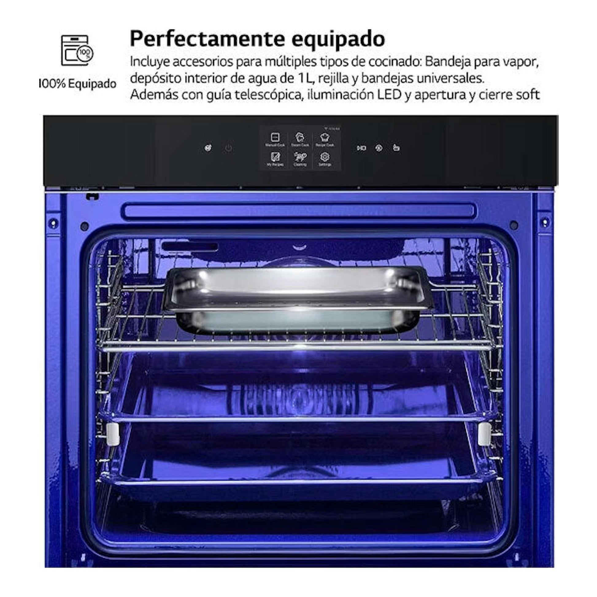 Horno LG WSED7666M negro, vista frontal abierta, interior azul con bandeja y rejillas.