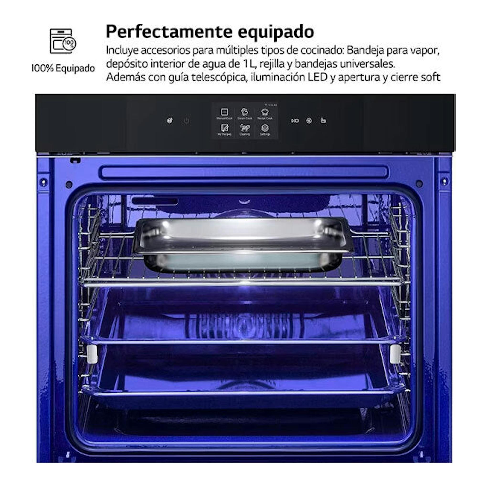 Horno LG WSED7666M negro, vista frontal abierta, interior azul con bandeja y rejillas.