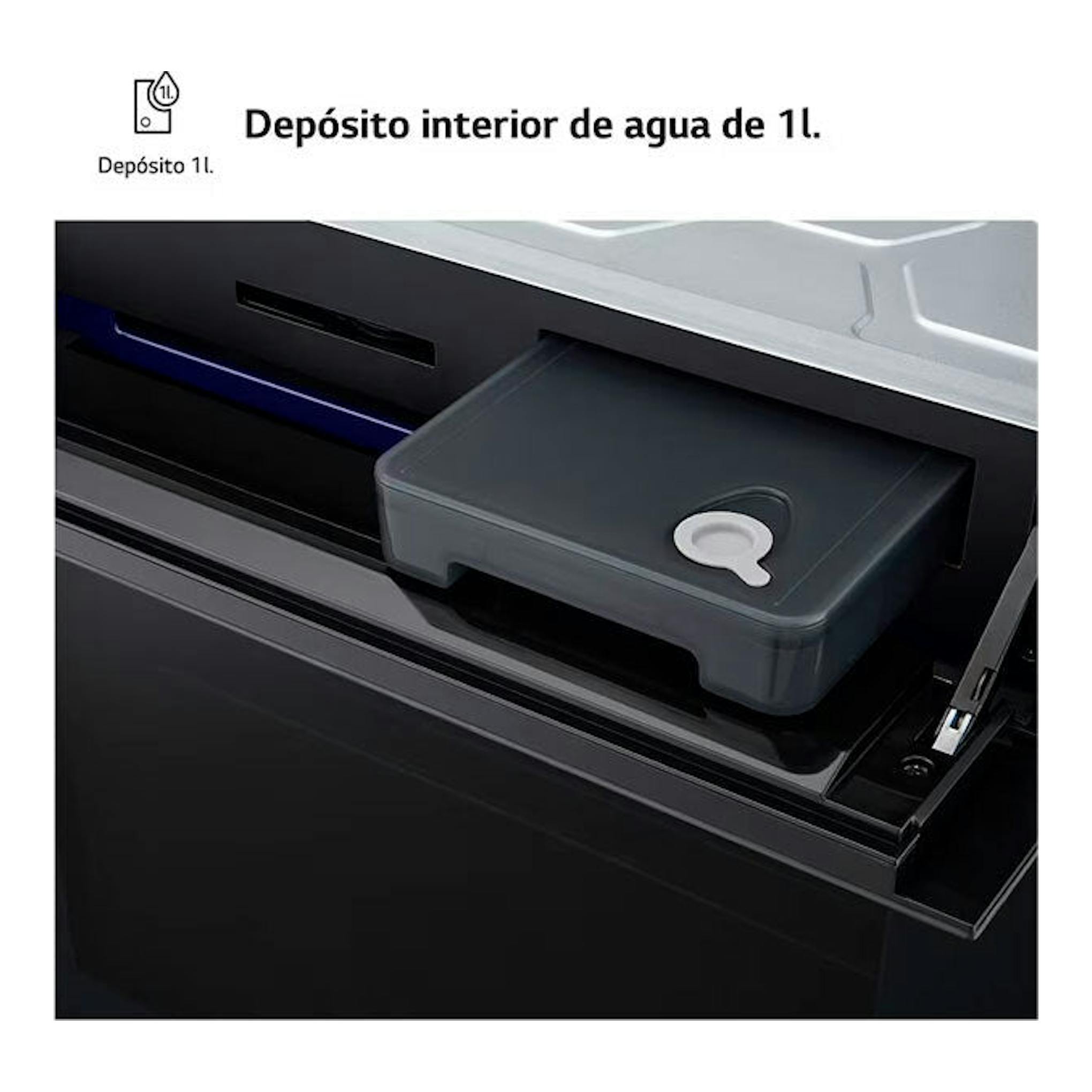 Horno LG WSED7666M negro, vista en ángulo, con depósito interior de agua extraíble de 1 L.
