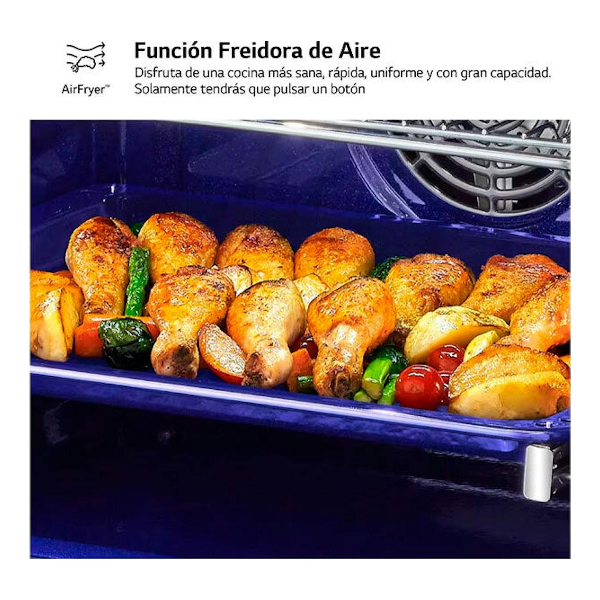 Horno LG WSED7666M negro, interior con función AirFryer y bandeja con pollo asado y verduras.