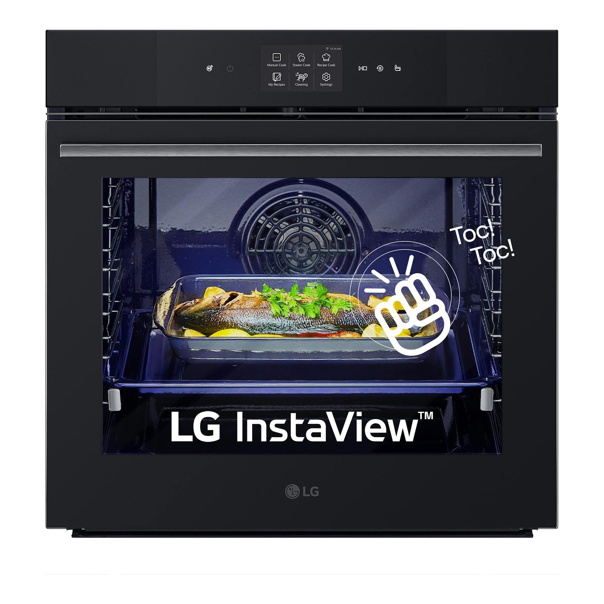 Horno empotrado LG WSED7667M negro, vista frontal, con panel táctil e interior visible con una bandeja de pescado.