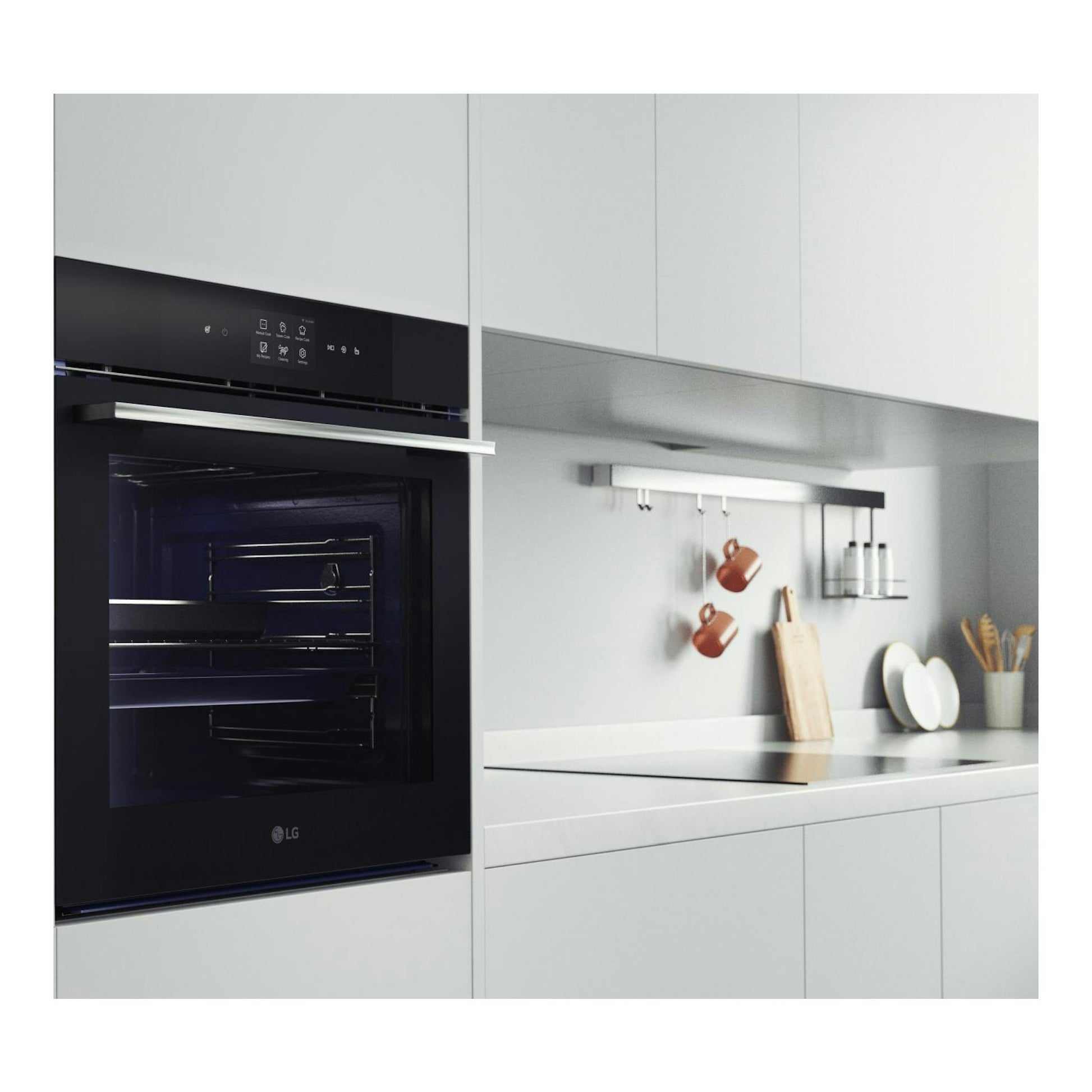 Horno empotrado LG WSED7667M negro, vista frontal, integrado en cocina blanca.