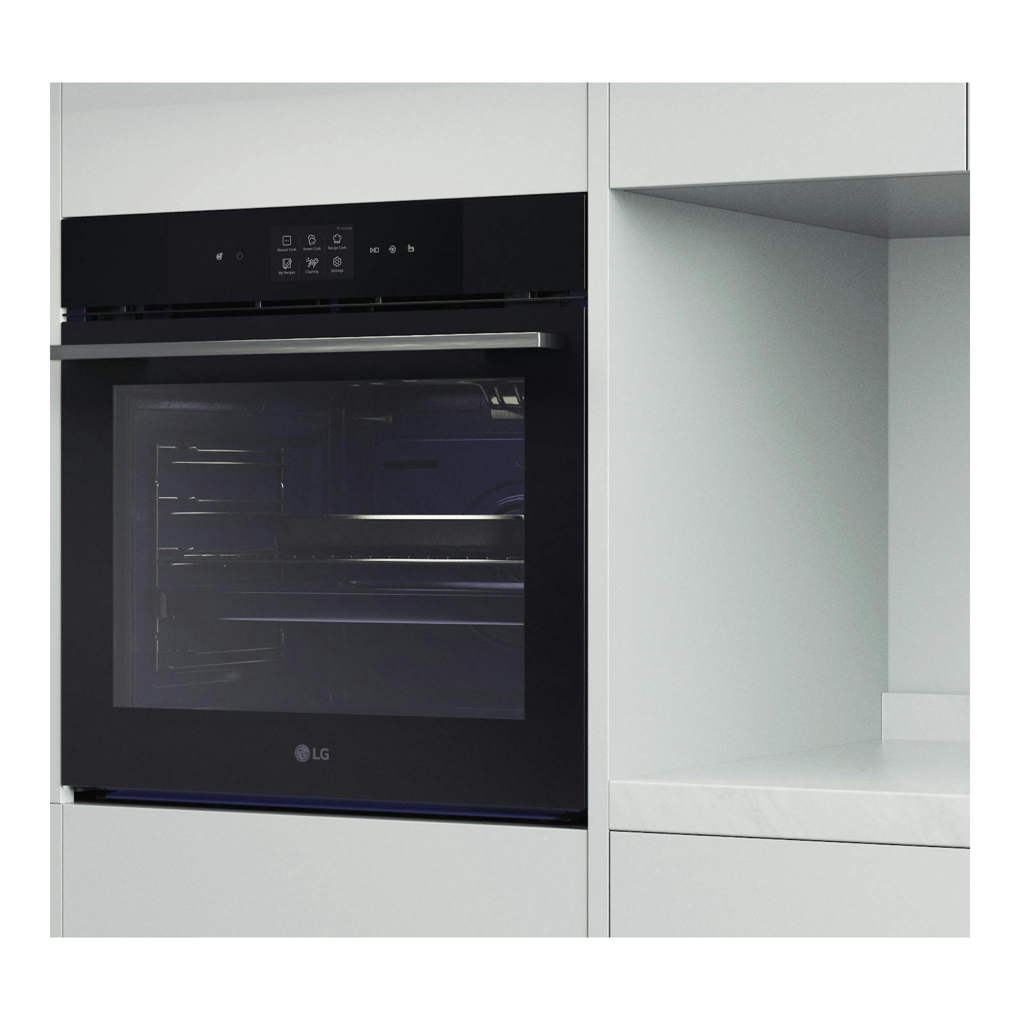 Horno empotrado LG WSED7667M negro, vista frontal, integrado en muebles blancos.