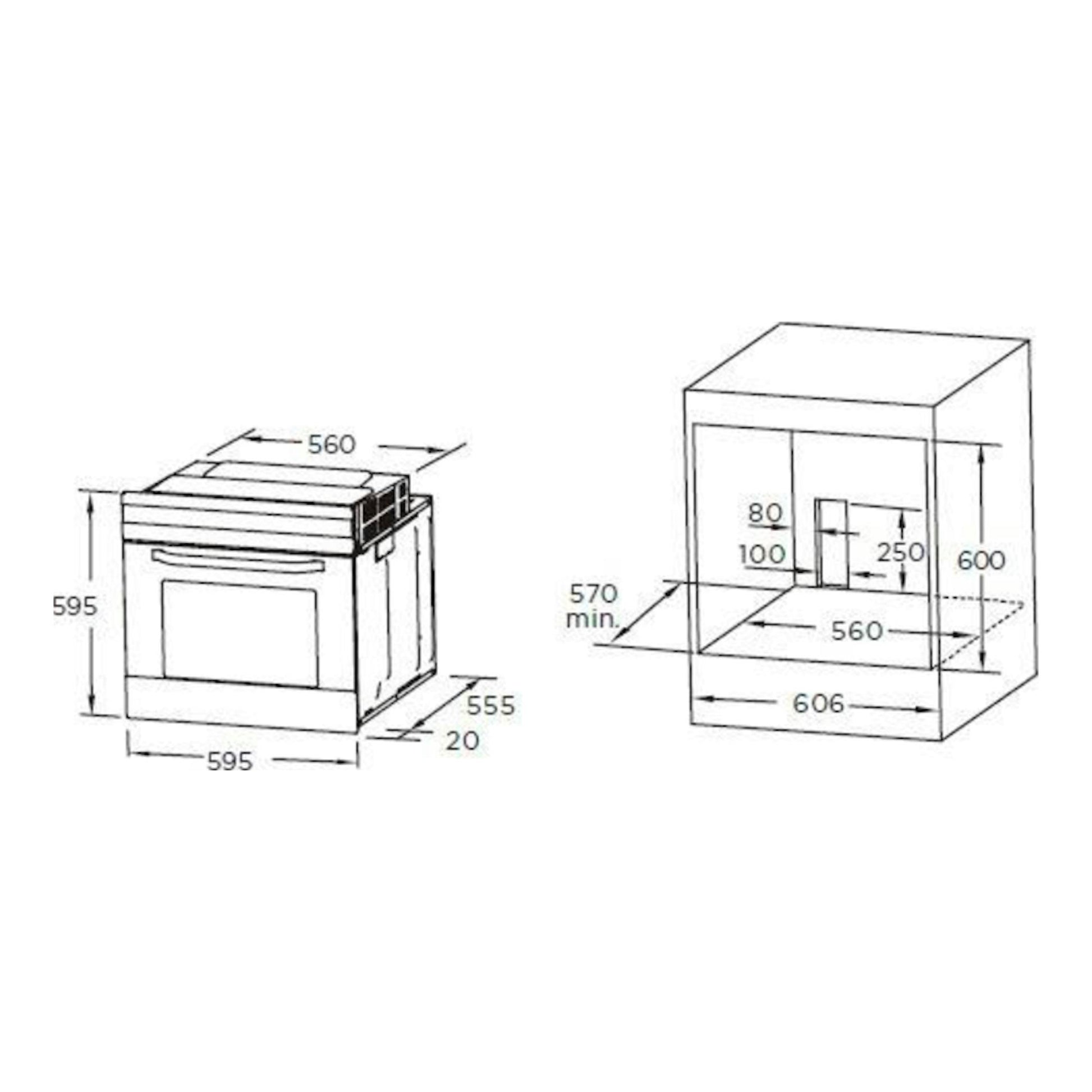 Esquema técnico del horno empotrable Midea 65P90E3IX inox, con vistas frontal y de instalación y medidas.