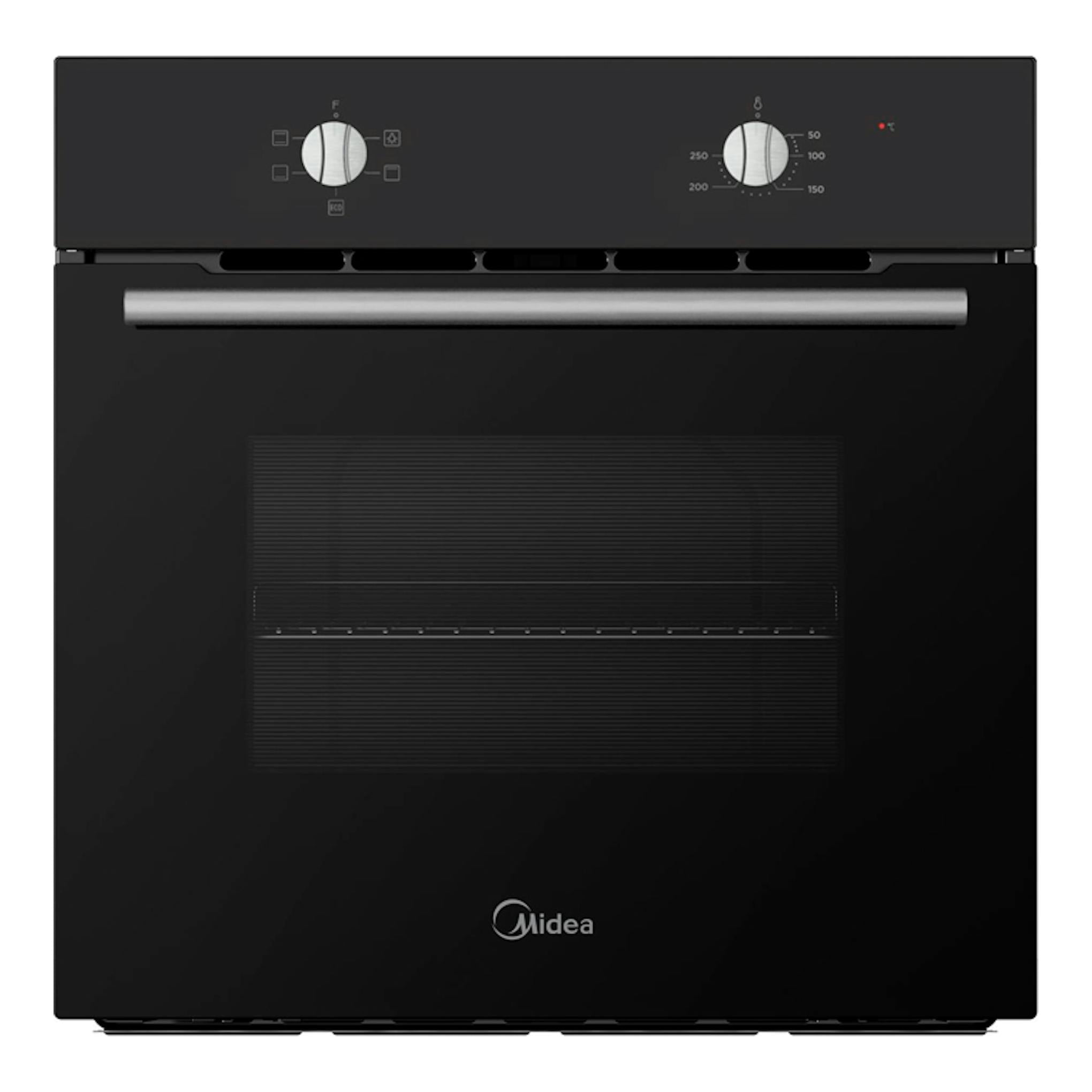 Horno Midea MBO65M40-BK ST Inox negro, vista frontal con puerta de vidrio y perillas plateadas.
