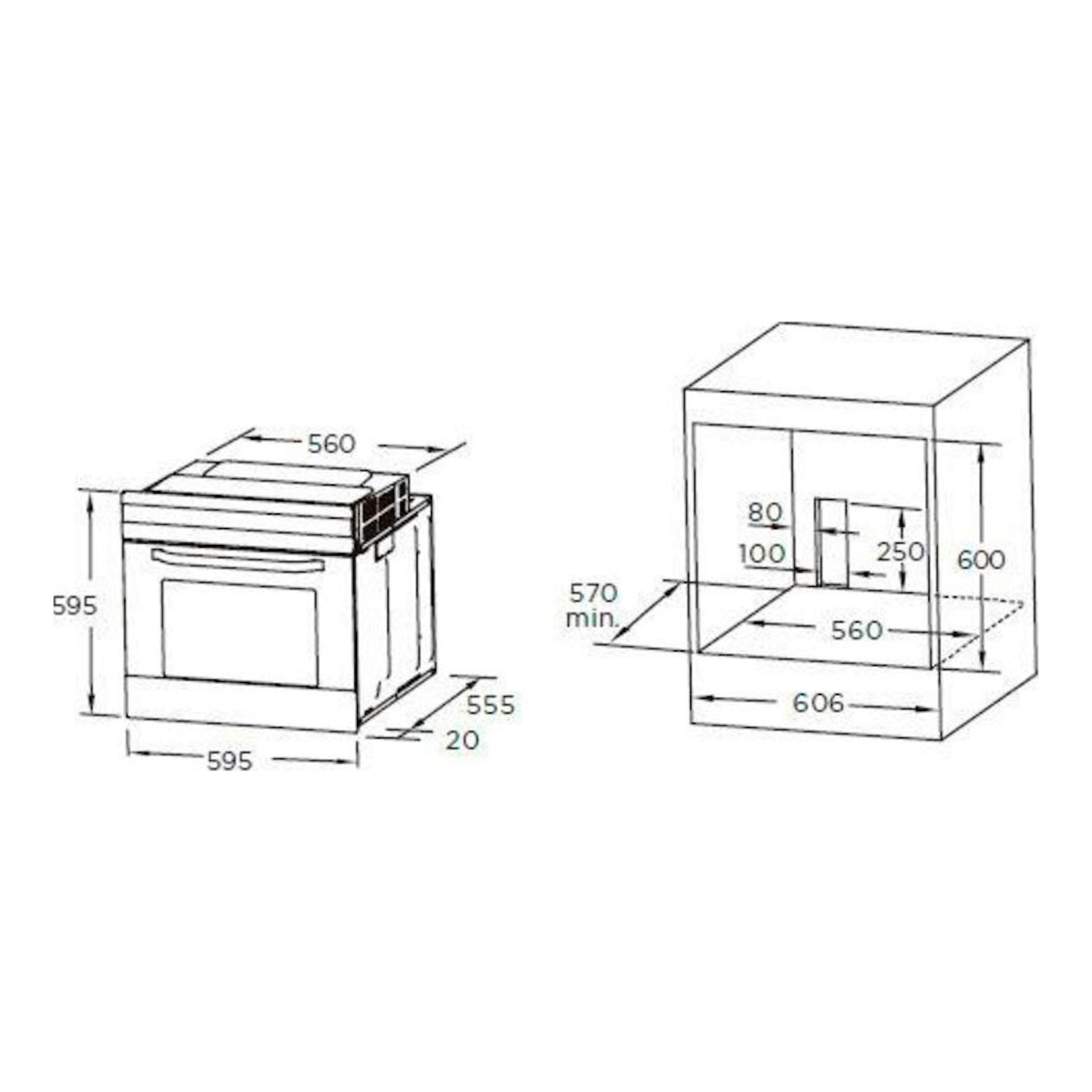Dibujo técnico del horno Midea MBO65M40-BK ST Inox, con vistas frontal y lateral y medidas de instalación.