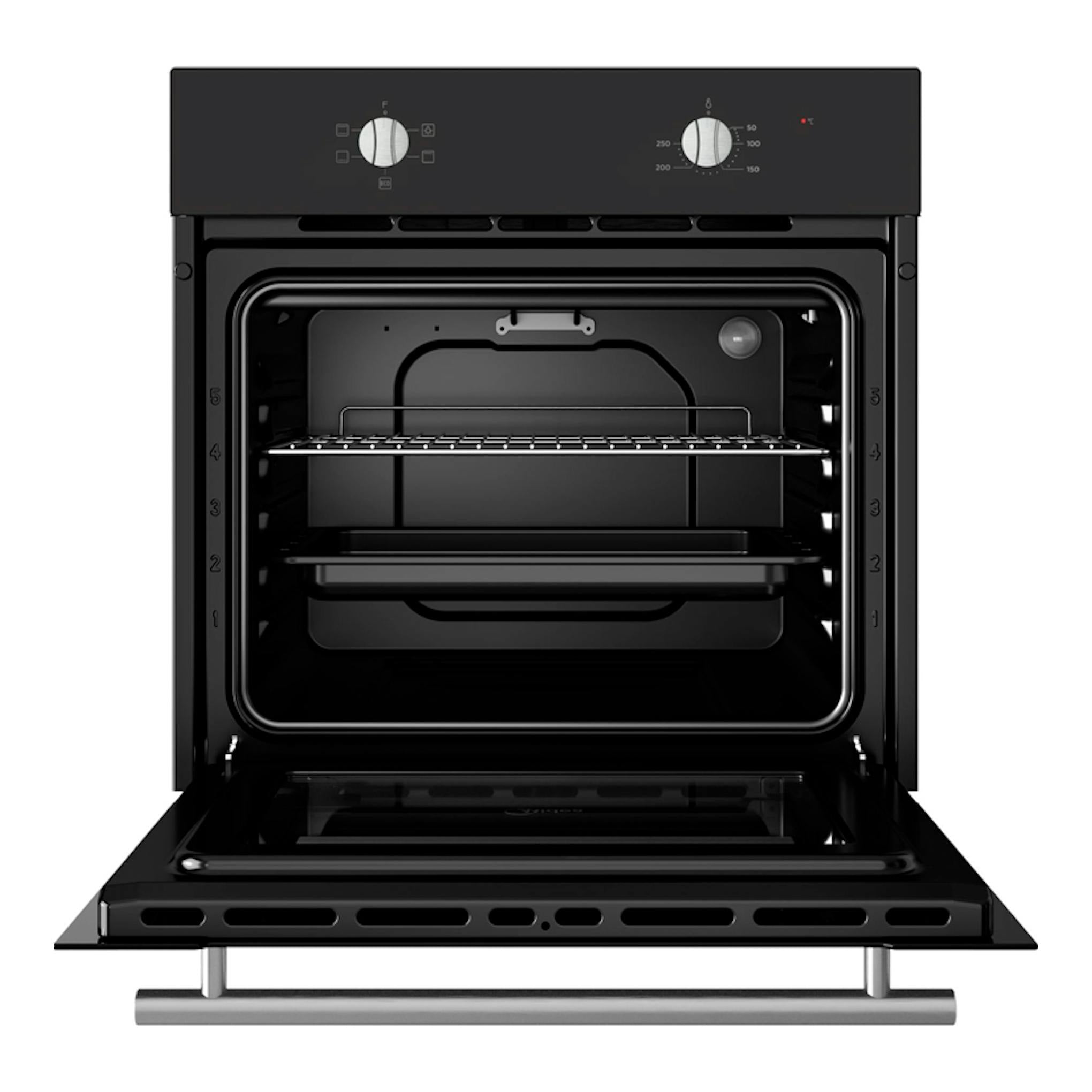 Horno Midea MBO65M40-BK ST Inox negro, vista frontal con la puerta abierta y mandos superiores.